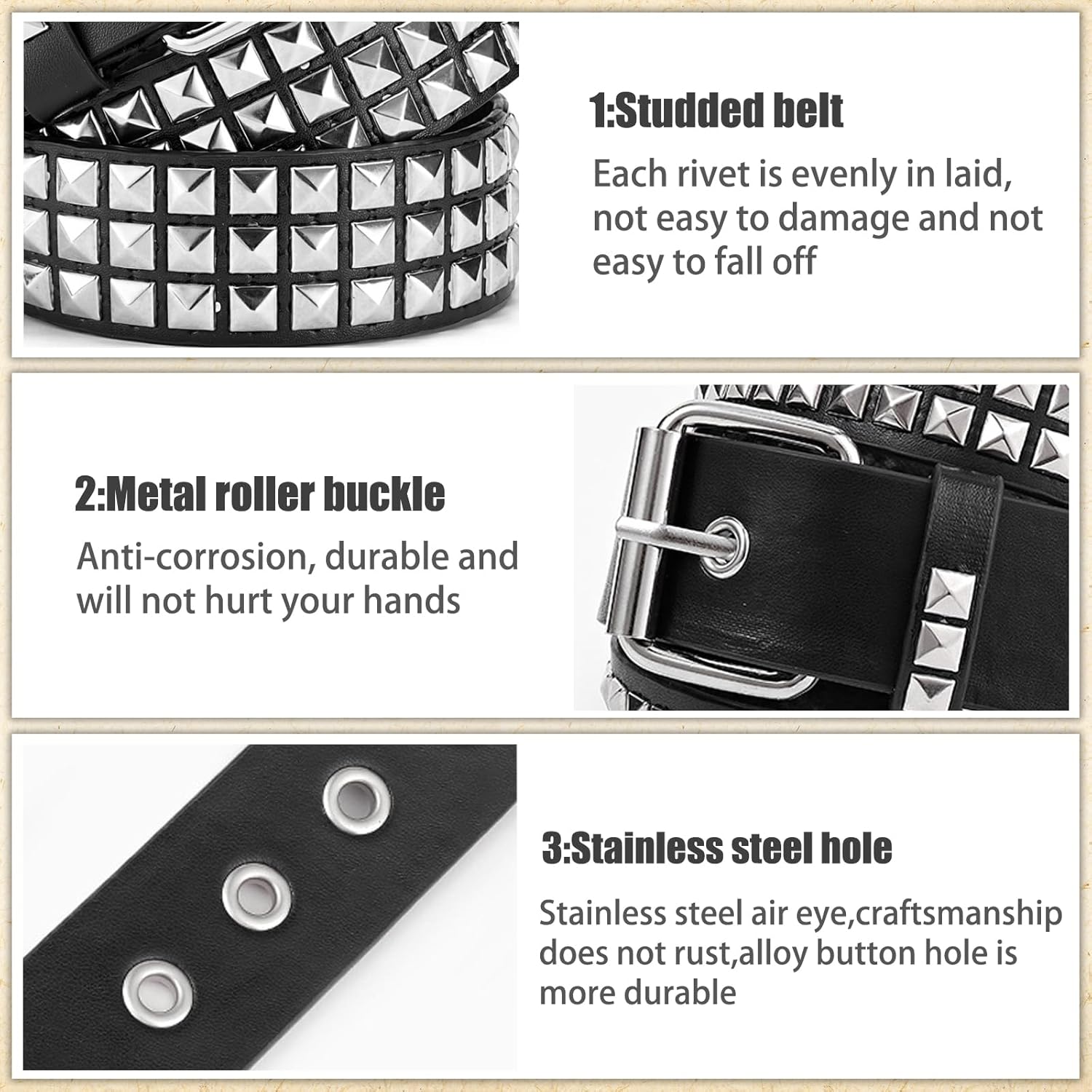 3 Pcs Black White Studded Belt Star Y2K Belt Gothic Punk Rock Belts with Grommet Threads Bright Metal Pyramid Cool Belts for Women Men - Image 4