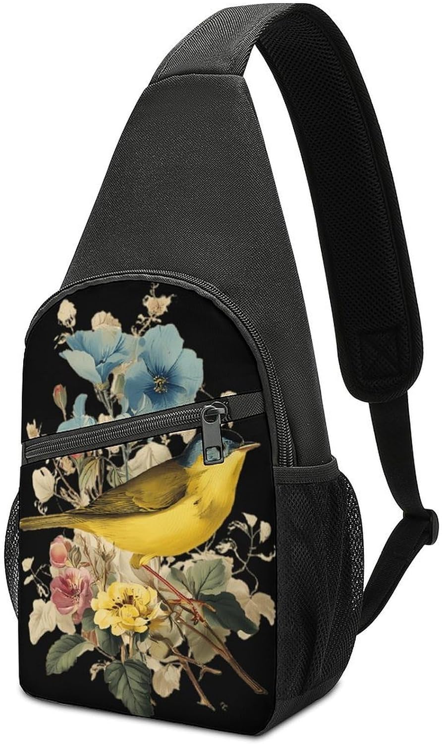 Warbler Bird on Flowers Crossbody Sling Backpack Chest Bag Daypack | unisex,trendy,with convertible and detachable shoulder strap,side pockets