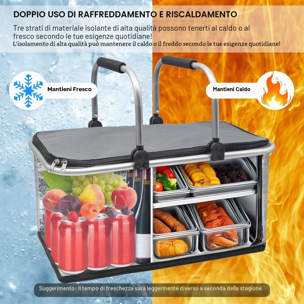 Cestino da Picnic 30 Litri, Grande Cestino Picnic Pieghevole, Borsa Termica con Manico in Alluminio Impermeabile Portatile Oxford Cesto picnic con Coperchio per Shopping (Grigio)