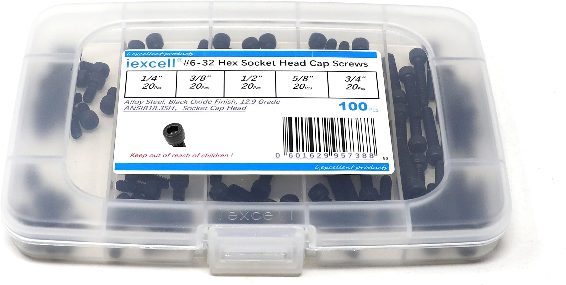 iexcell 100 Pcs SAE #6-32 x 1/4", 3/8", 1/2", 5/8", 3/4" Alloy Steel 12.9 Grade Hex Socket Head Cap Screws Bolts Assortment, Black Oxide Finish