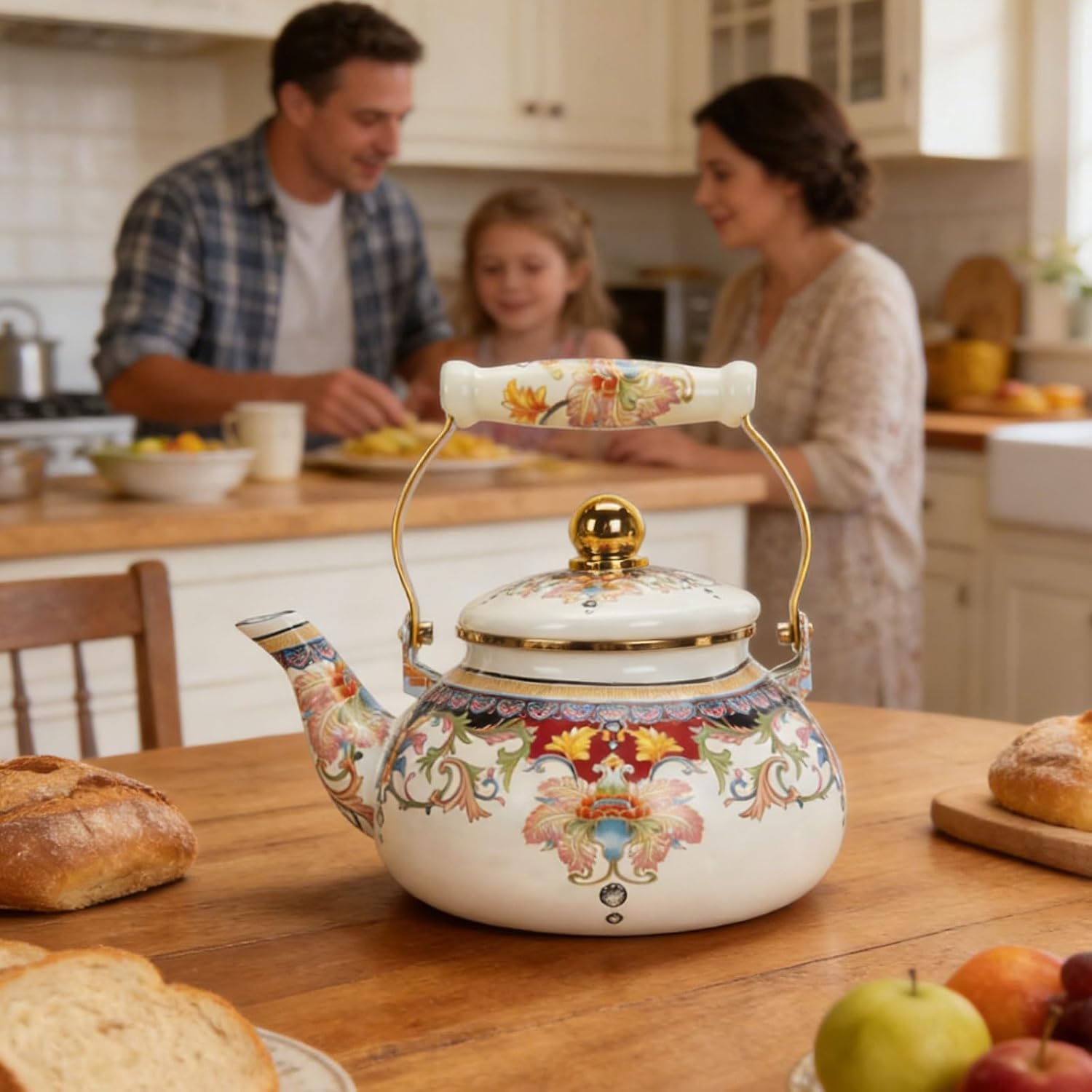 Enamel Teapot Stove Top Cute, 2.6 QT Vintage Floral Tea Kettle Stovetop with Heat-Resistant Ergonomic Ceramic Handle Suitable for All Heat Sources