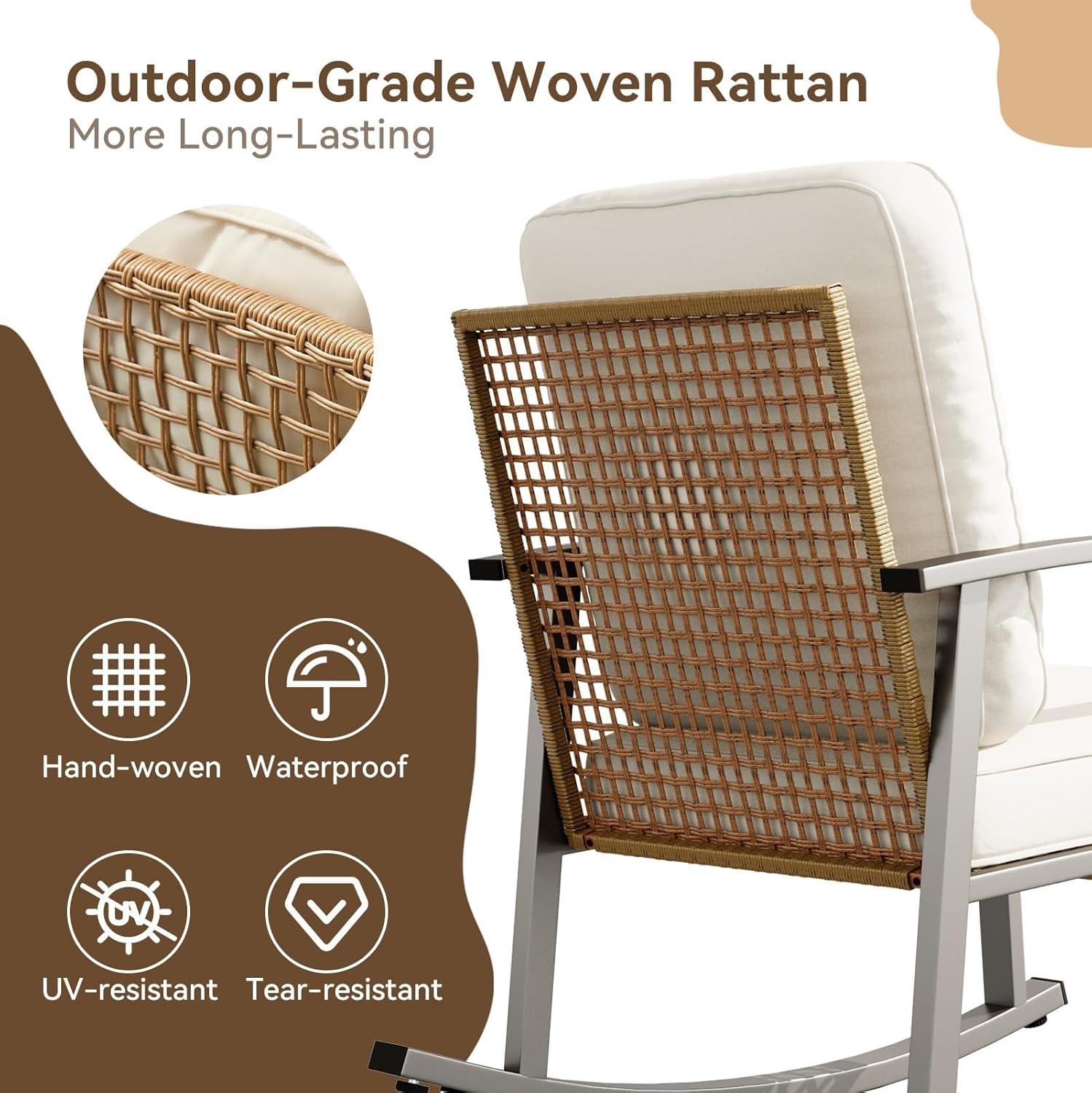 3-Piece Outdoor Rocking Bistro Set Patio Furniture Sets with Coffee Table and Thick Cushions Wicker Rocking Chairs for Garden Balcony Backyard Poolside(Beige)
