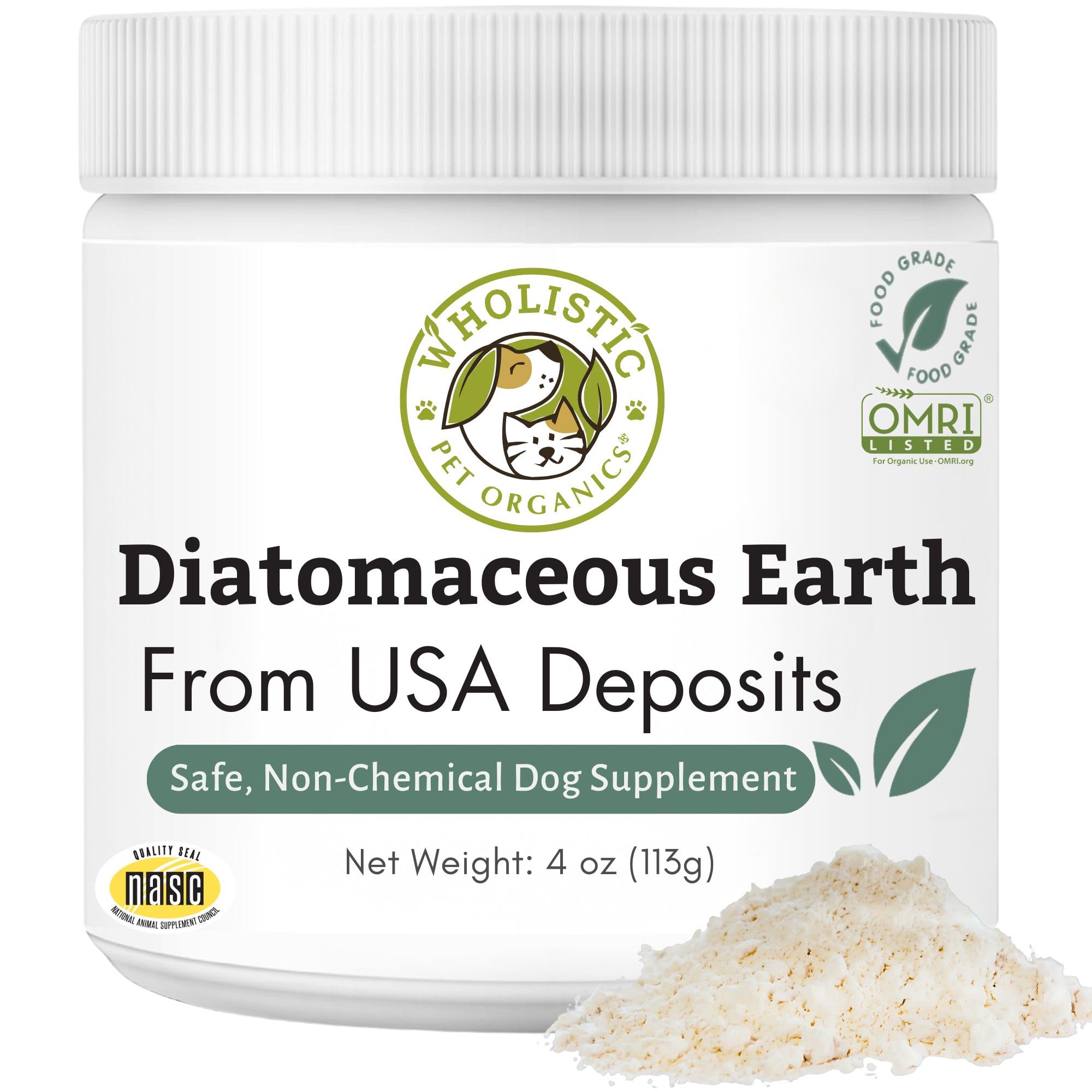 Wholistic Pet OrganicsDE for Dogs Organic Food Grade for Dogs - 4 Oz - Safe Non-Chemical Freshwater Silica Improves Overall Health