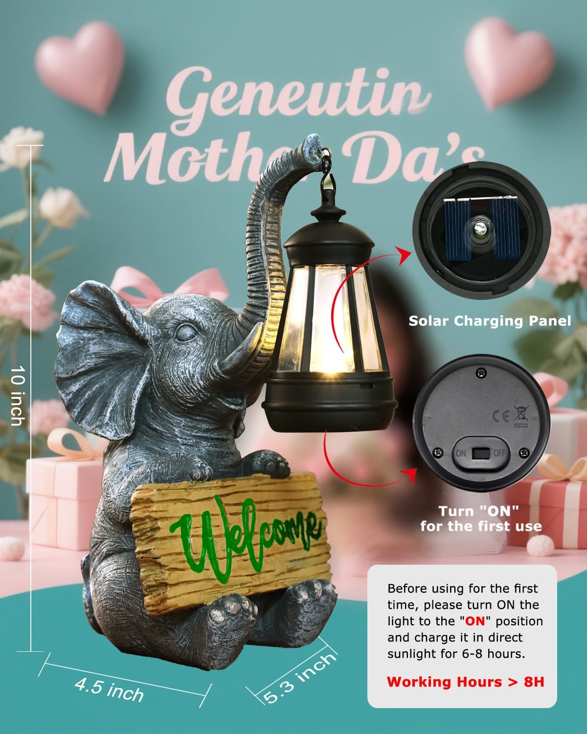 KVR Solar Elephant Garden Lights, Outdoor Welcome Statue Decor for Patio Yard, Birthday Gift for Women Mom Grandma (2026 New Gift Ready)​ (Green)