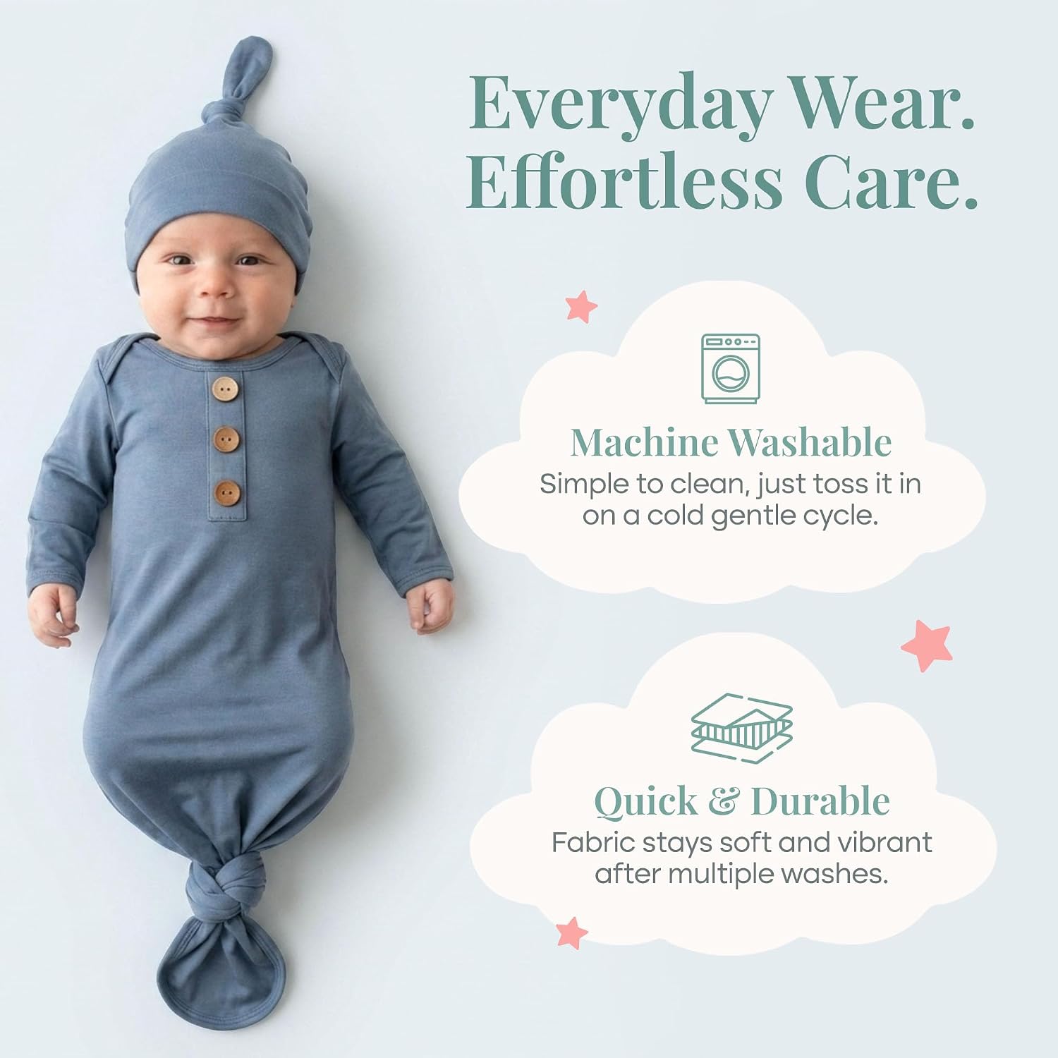 Caden Lane Newborn Knotted Gown with Hat, Soft Bamboo Viscose Baby Sack, Unisex Infant Breathable Night gown Dusty Blue