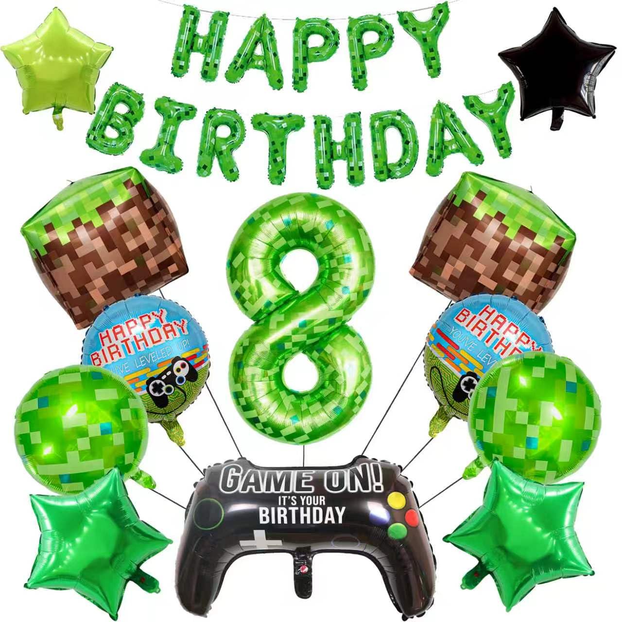 25 sztuk balonów na przyjęcie urodzinowe, gra pikselowa, zestaw gier z banerem "Happy Birthday", balon foliowy z cyfrą 102 cm, balony blokowe z trawą, balon z gamepadem dla dzieci, chłopców