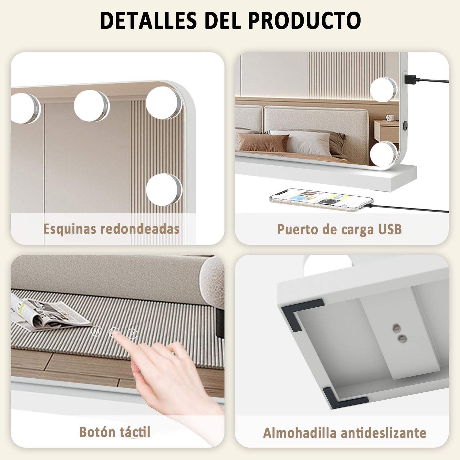 YU YUSING Hollywood Espejo Maquillaje con Luz 15 LED, 58x45 cm, 3 Modos Iluminación Regulables, Espejo Tocador, Controles Táctiles, USB, 10x, Espejos de Mesa Tocador Dormitorio, Esquinas Redondas