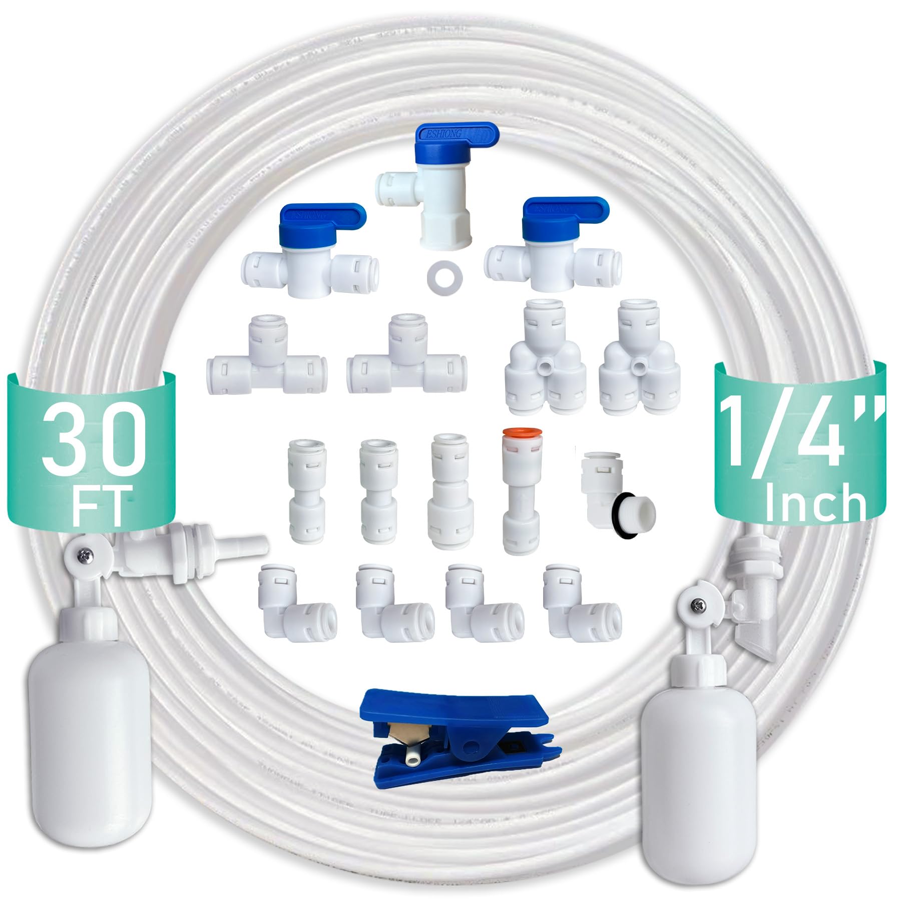 NSF Certified 1/4" O.D. Push to Connect Fittings for RO (Reverse Osmosis) Water Filter（with water float ball valve）19 pcs+30 feet 1/4" Water tubing.