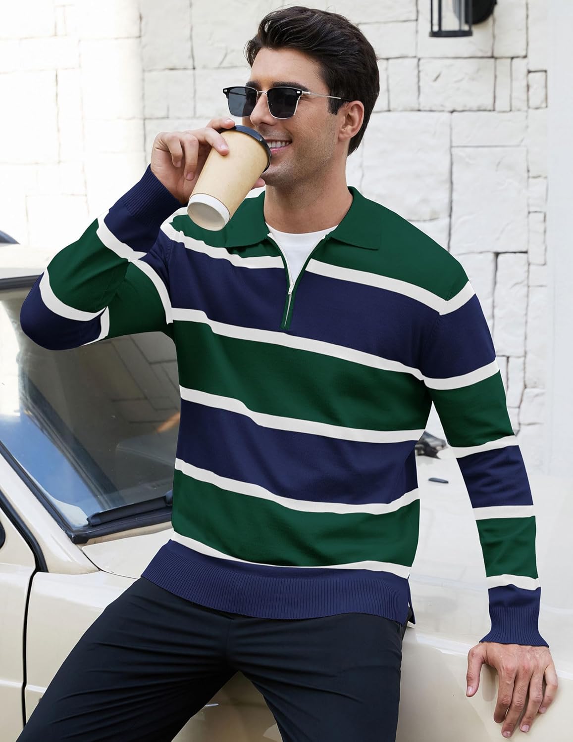 EDITCOZY Men Casual Polo Shirts Vintage Striped Golf Shirts Knit Rugby Shirt Lightweight Polo Sweater - Image 7