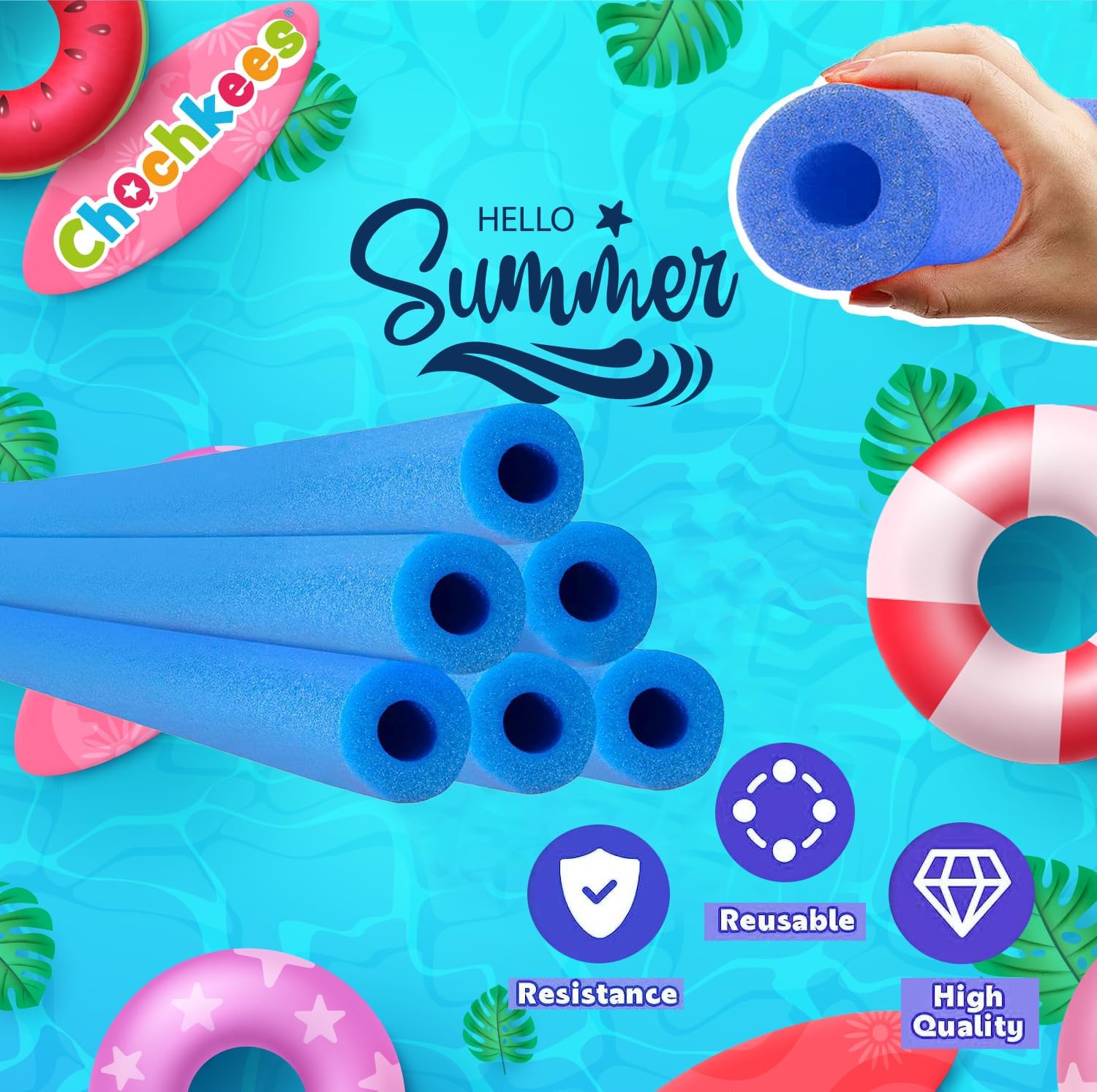 Chochkees Blue Pool Noodles Swimming Hollow Core Foam Tube, Floating Thick Noodles for Floating, Pool Accessories, 52"