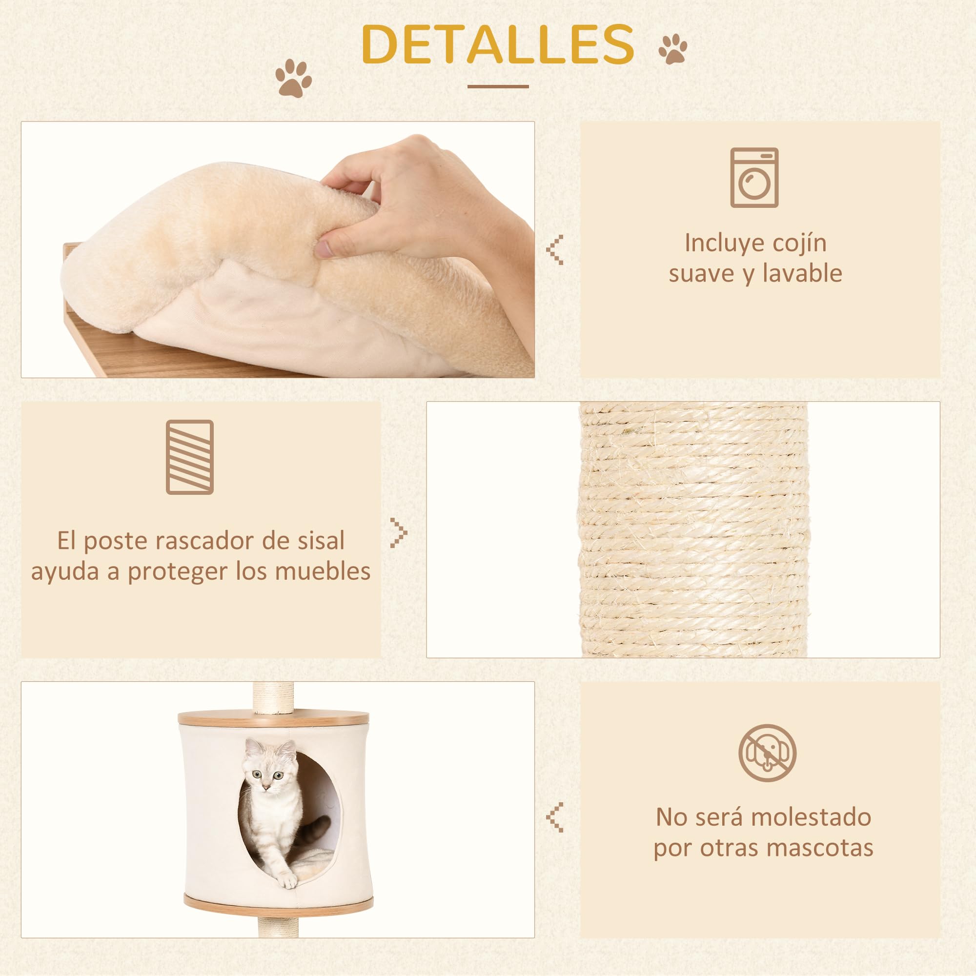 PawHut Árbol para Gatos de Pared 38x30x149 cm Torre Cama Cueva Beige Roble | Múltiples Plataformas de Madera, Cama Superior, Cojín Extraíble, Postes Rascadores de Sisal, Torre para Escalar