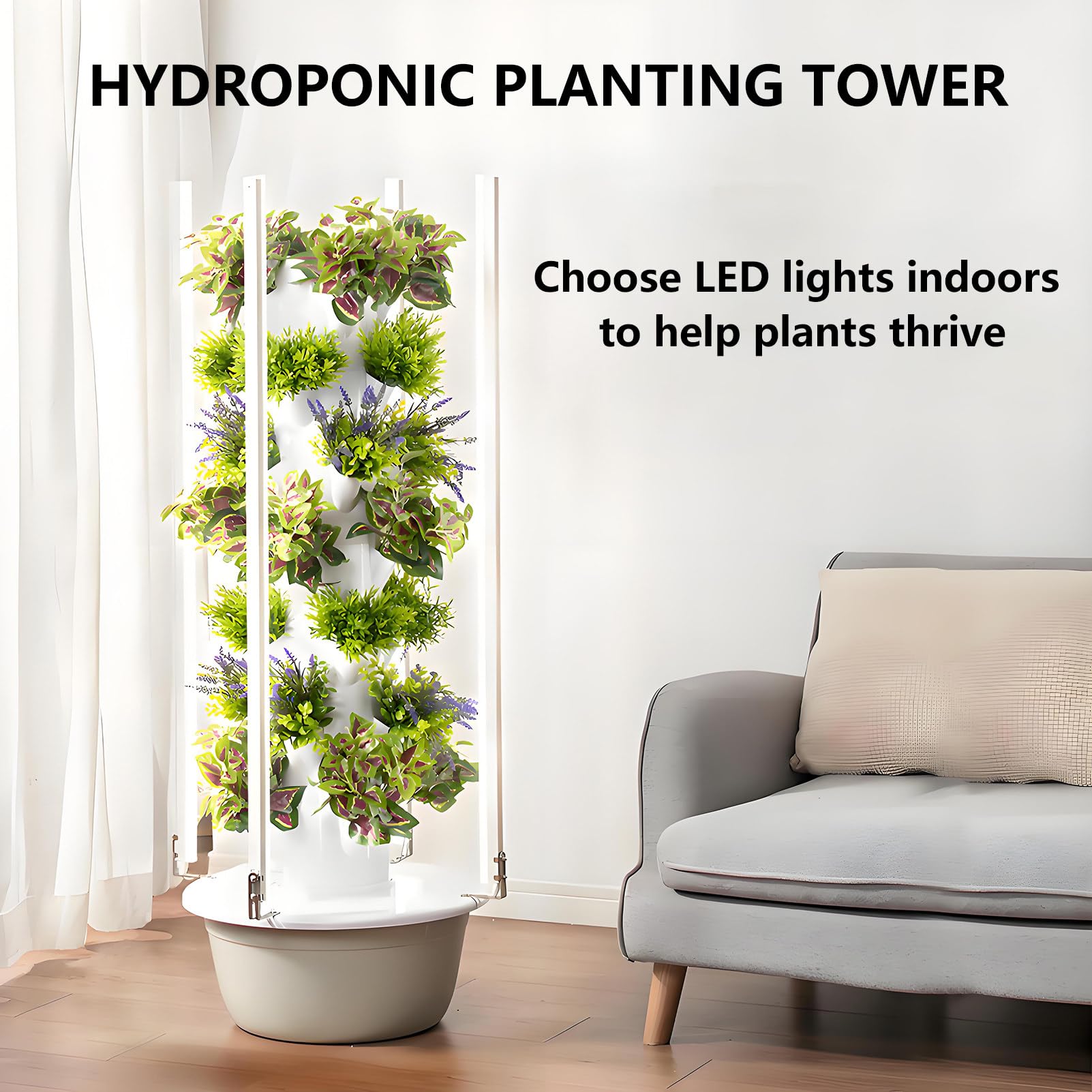 Torre Hidroponia Vertical con Led Kit de Cultivo Hidropónico en Torre con Bomba Hidratante y Tanque de Agua Móvil para Hierbas de Interior Frutas y Verduras Black-7Layer