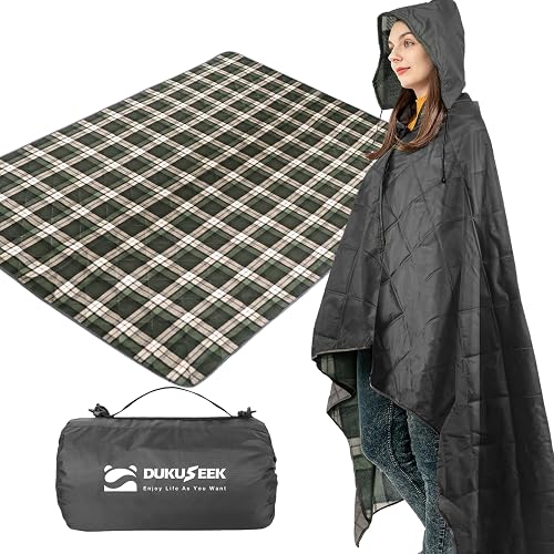 DUKUSEEK Waterproof Stadium Blanket with Hood, Large Outdoor Waterproof Blankets Windproof with Triple Layers Warm Fleece for Sports, Camping, Concerts, Car, Dog