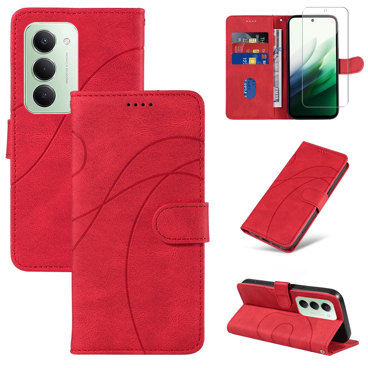 Cover Compatibile con Xiaomi Redmi 15 4G / 5G EU Versione (Non per Global Versione) con 1 Pezzo Vetro Temperato Pellicola Protettiva, Pelle PU e Flip Custodia, Supporto Caso (Rosso)
