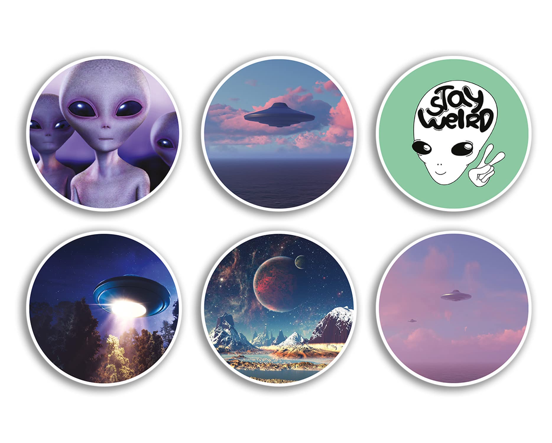 6 x 10cm Alien Vinyl Stickers - UFO Outer Space Stay Weird Planet Science Extra-Terrestrial Spacecraft Moon Gift #78973