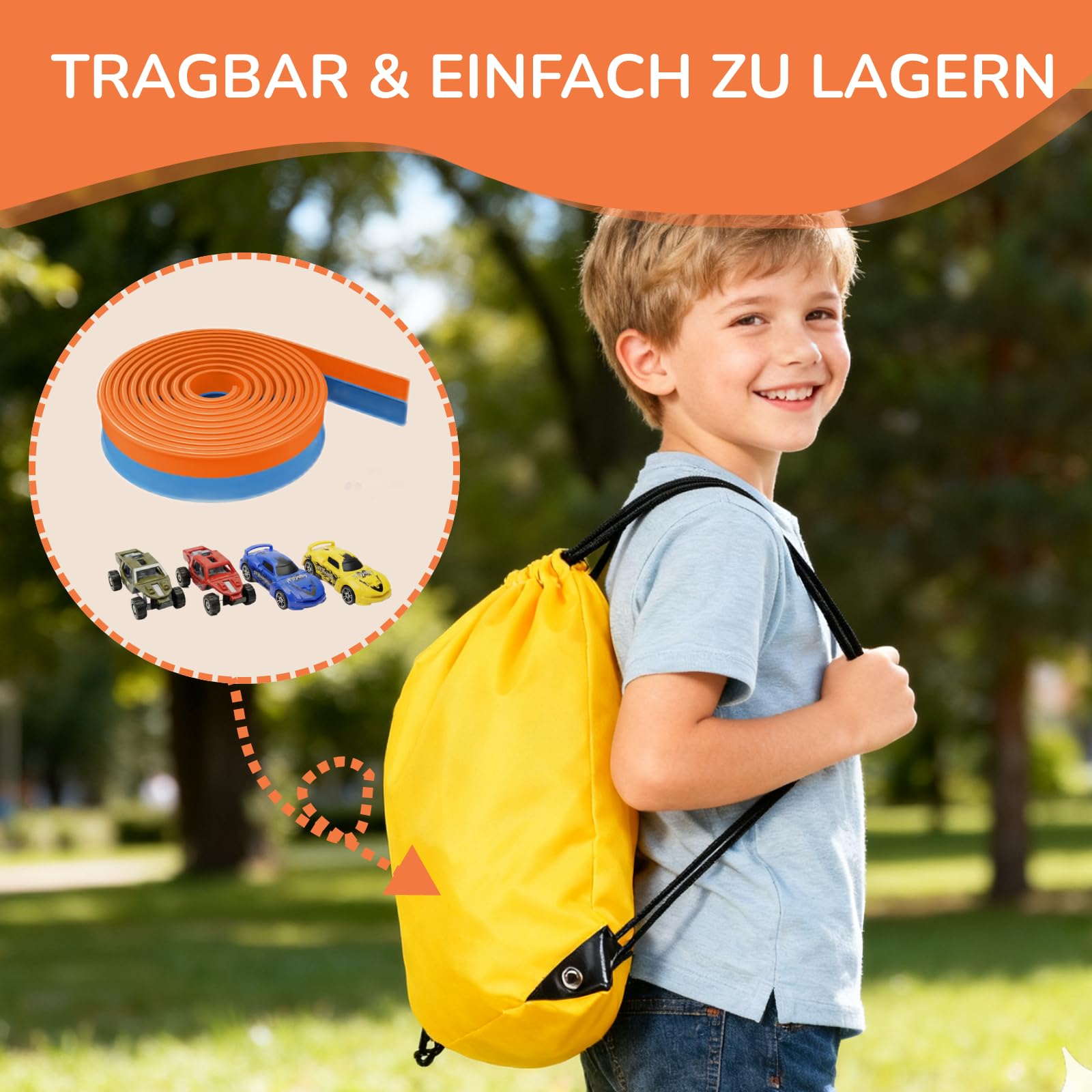 5M Flexible Autorennbahn Set mit 2 Loopings, 2-in-1 Rennbahn mit Autos & Tragtasche, Schwerkraft & Pull-Back Rennstrecke, Spielzeug für Kinder ab 3 4 5 6 Jahre, Geschenk für Indoor/Outdoor (Orange)