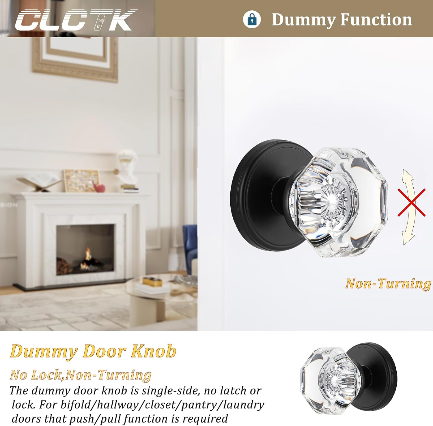 Dummy Glass Crystal Door Knobs, Matte Black Round Dummy Door Handles for Hall Closet Bifold Octagon, 4 Pack