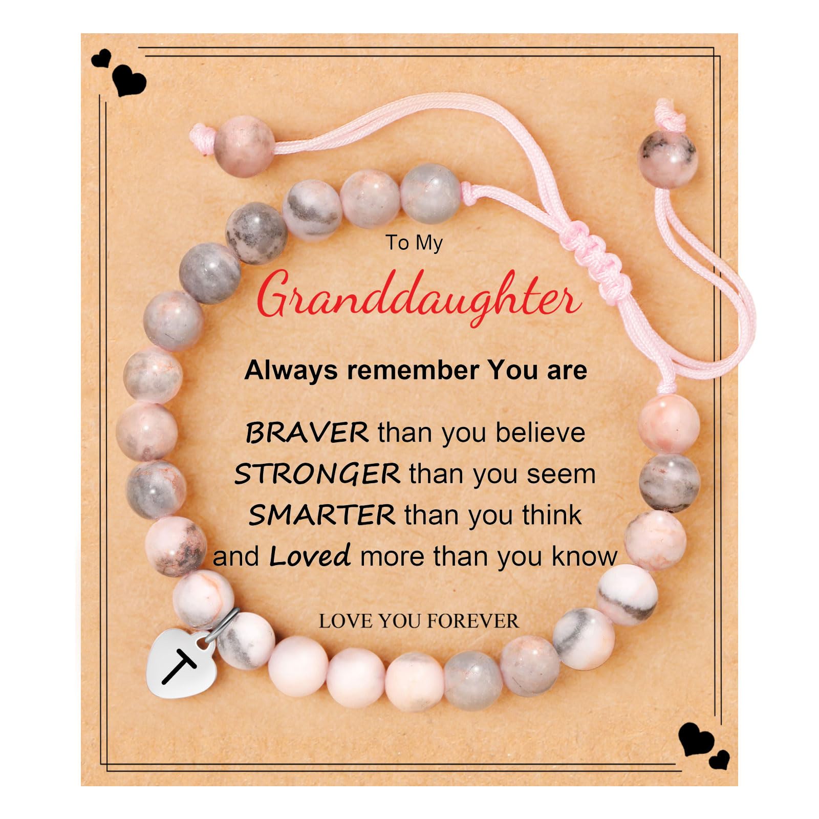 JoycuFF 𝐋𝐞𝐭𝐭𝐞𝐫 𝐈𝐧𝐢𝐭𝐢𝐚𝐥 𝐇𝐞𝐚𝐫𝐭 Bracelets for Teen Girls, Natural Stone/Pink Pearls 𝐁𝐫𝐚𝐜𝐞𝐥𝐞𝐭𝐬, 𝐄𝐚𝐬𝐭𝐞𝐫 Birthday Gifts for Daughter Granddaughter Niece
