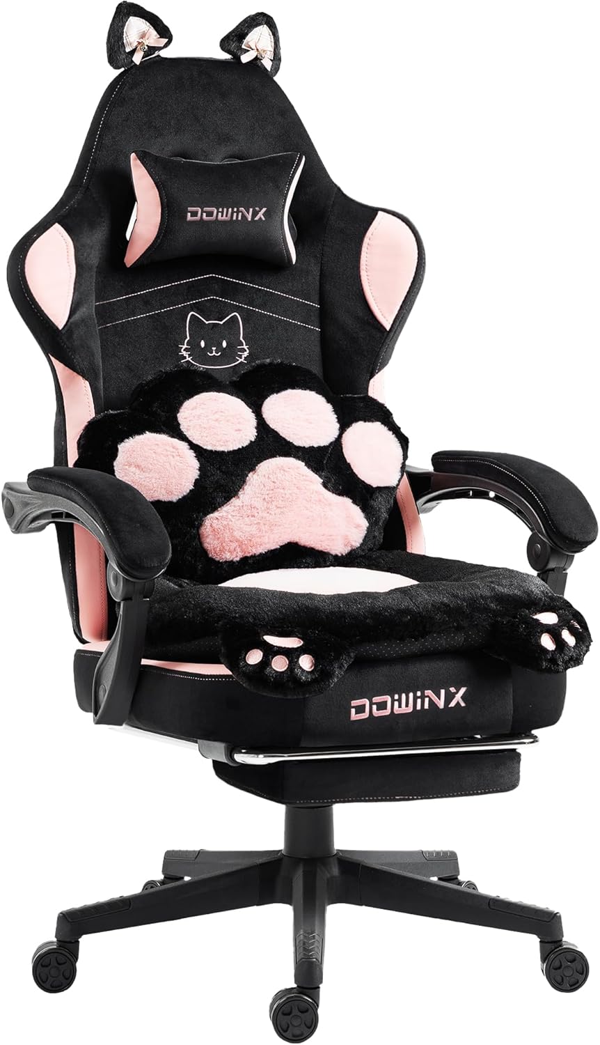 Dowinx ゲーミングチェア 猫の肉球クッション 猫耳 かわいい にゃんこ顔刺繍 ヘアピン 鈴