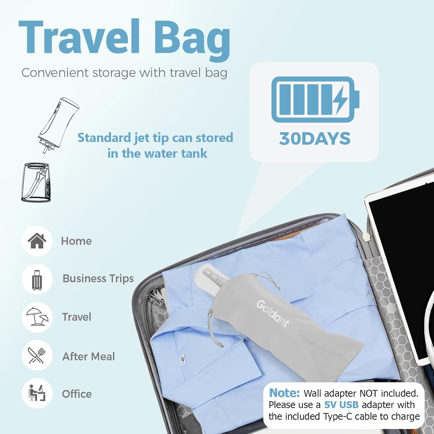 2026 New 350ML Water Dental Flosser Teeth Pick with Bag, 5 Modes Portable Cordless Oral Irrigator Cleaner, Electric Rechargeable IPX7 Waterproof for Home Travel Teeth Cleaning Flossing (White) image 3