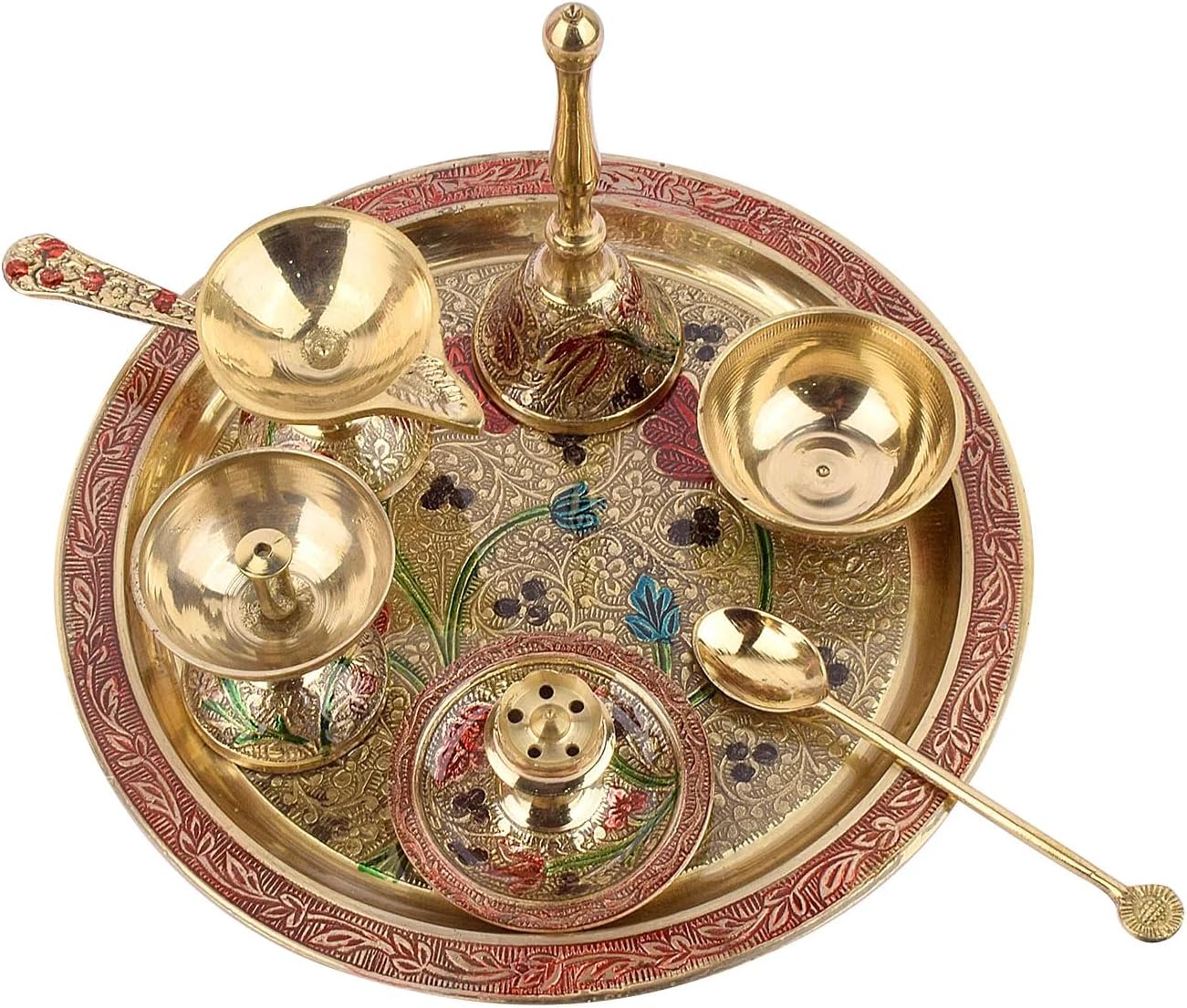 SATVIK 8 Inch Brass Puja Thali 7 Pc Set with Diya and Agarbatti Holder, Brass Metal Pooja Thali Religious Spiritual Puja Accessories for Home and Temple. Complete Puja Thali Set