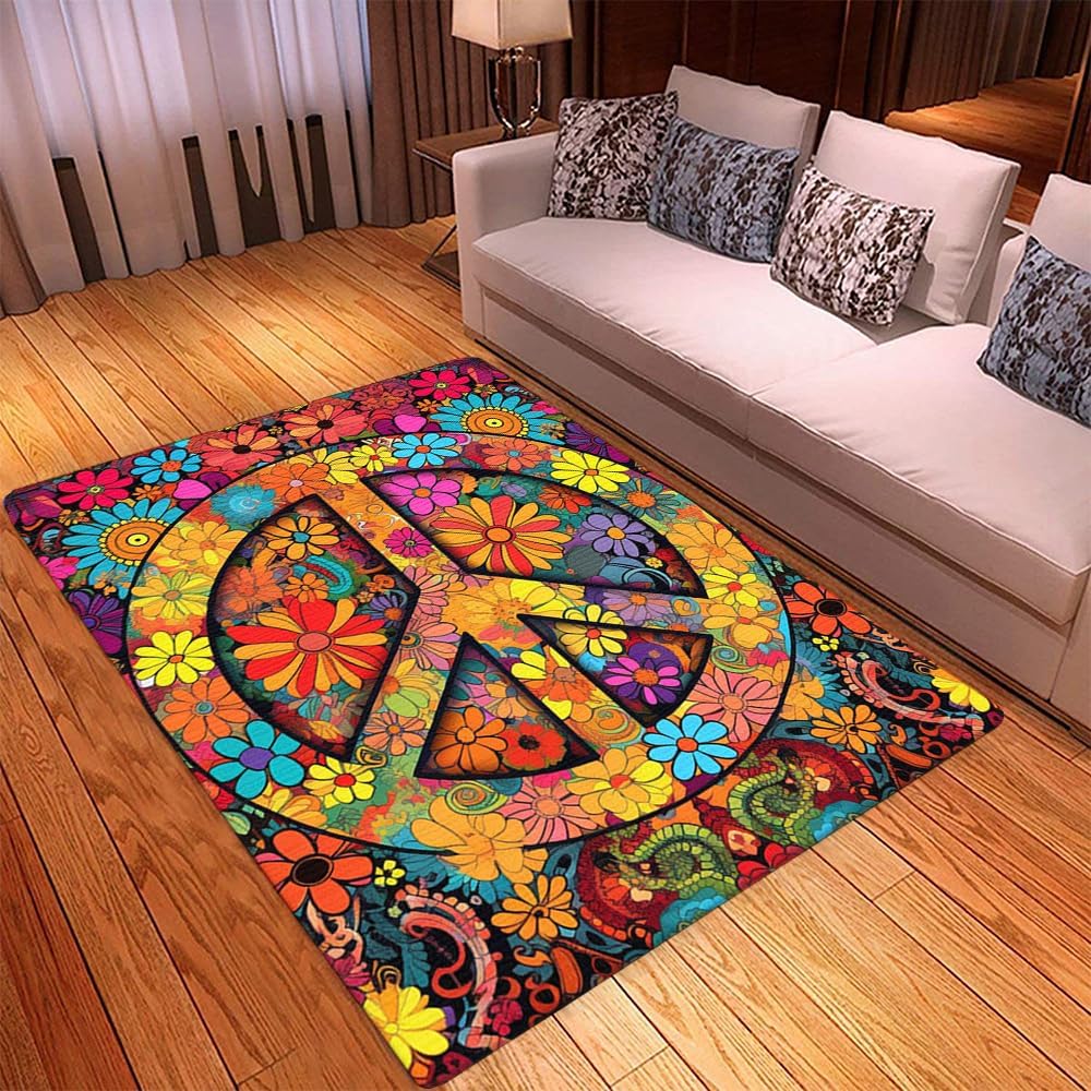 Custom Hippie Rug - Peace Sign Area Rug, 3x5, Non Slip, High Pile, Indoor, Spot Clean Only, Rustic
