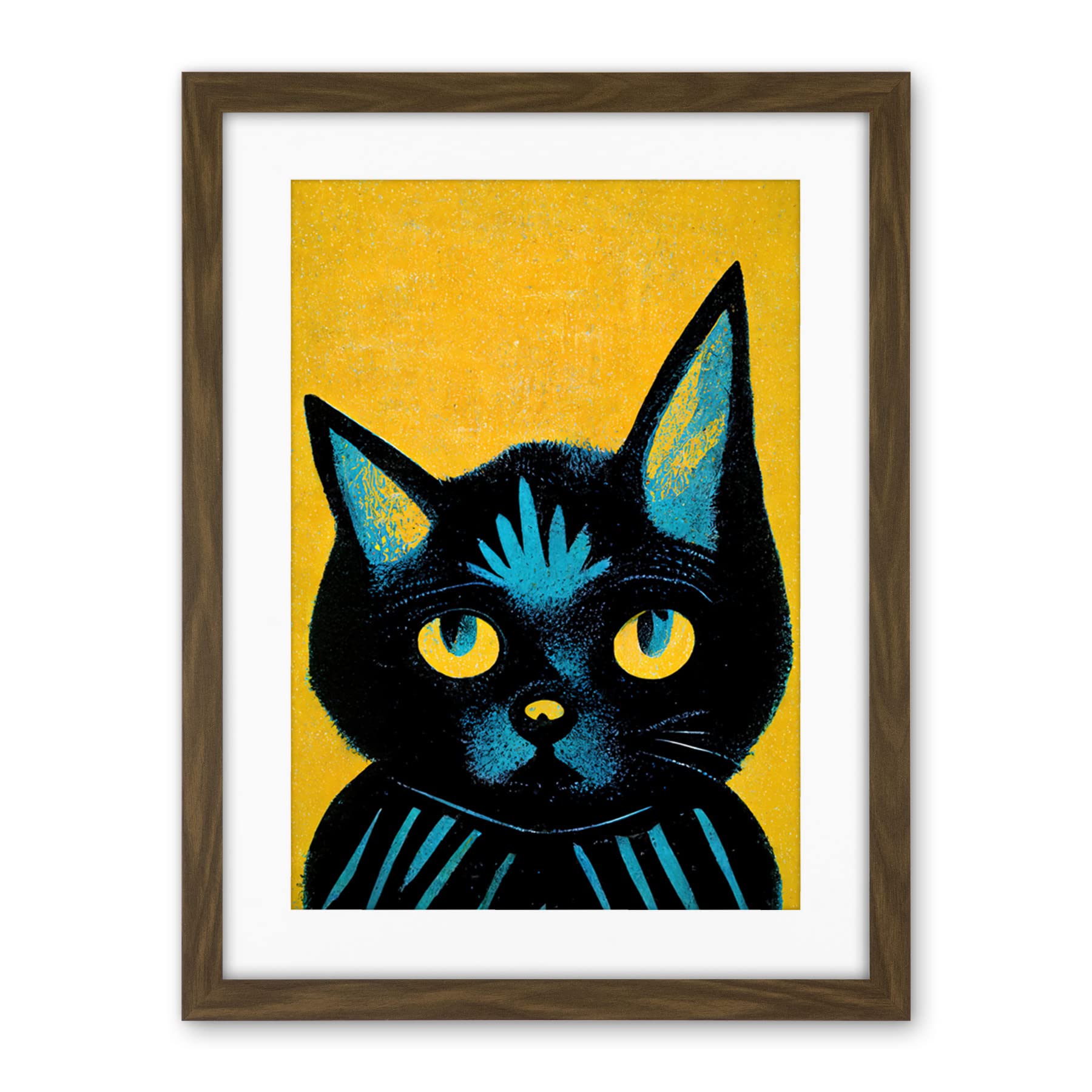 Wee Blue Coo Quirky Bold Black Cat Yellow Blue Artwork Framed Wall Art Print 18X24 Inch