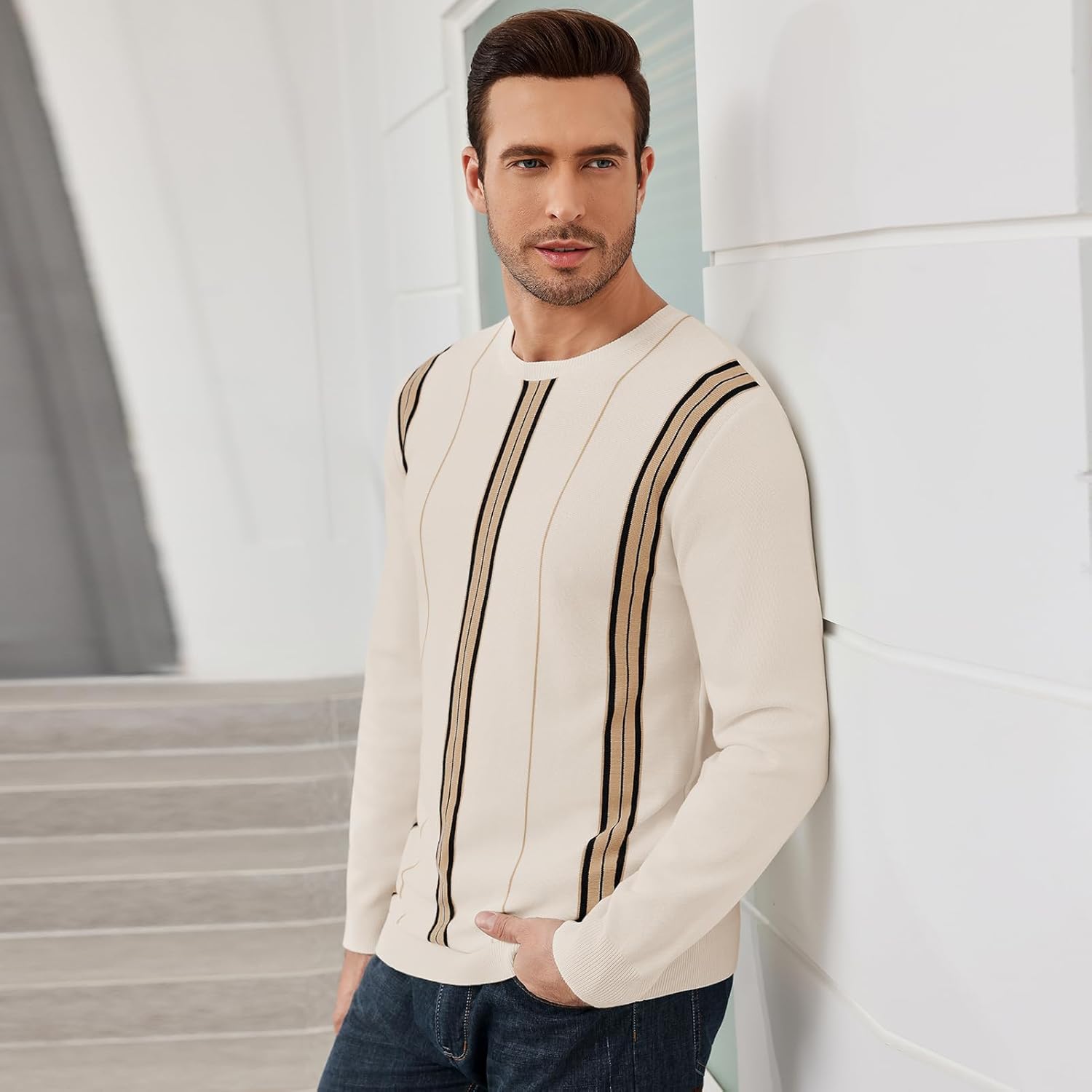 Uni Clau Men's Crew Neck Sweaters Long Sleeve Striped Knitted Pullover Casual Sweaters with Ribbing Edge - Image 2