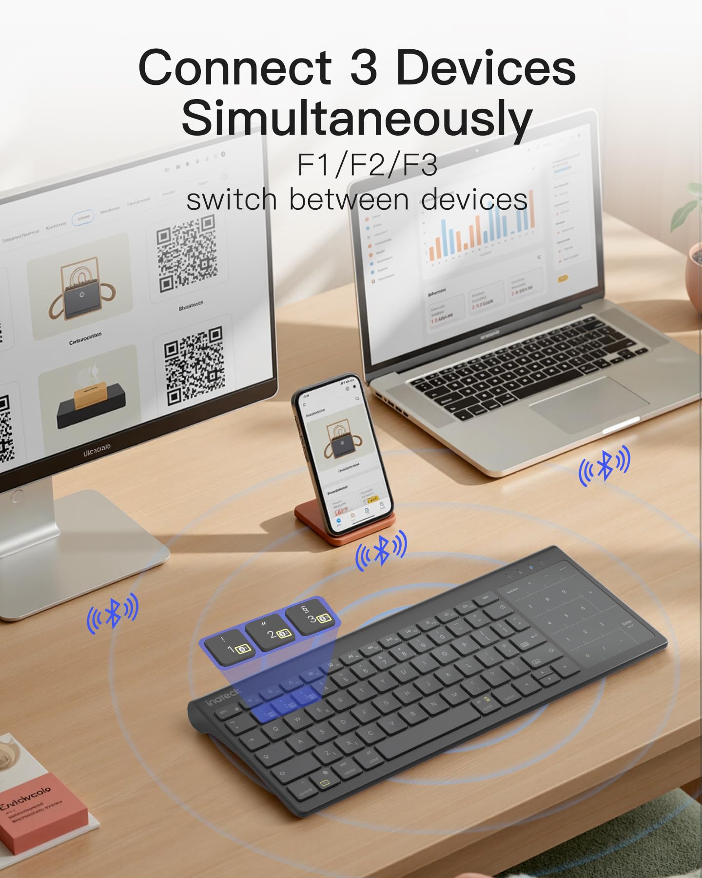 Inateck Tastiera Bluetooth per tablet, tastiera numerica 2 in 1 e touchpad, retroilluminazione a 7 colori e supporto nascosto, 3 canali BT, compatibile con iPad 10/9/iPad Pro/iPad Air/Samsung/Android