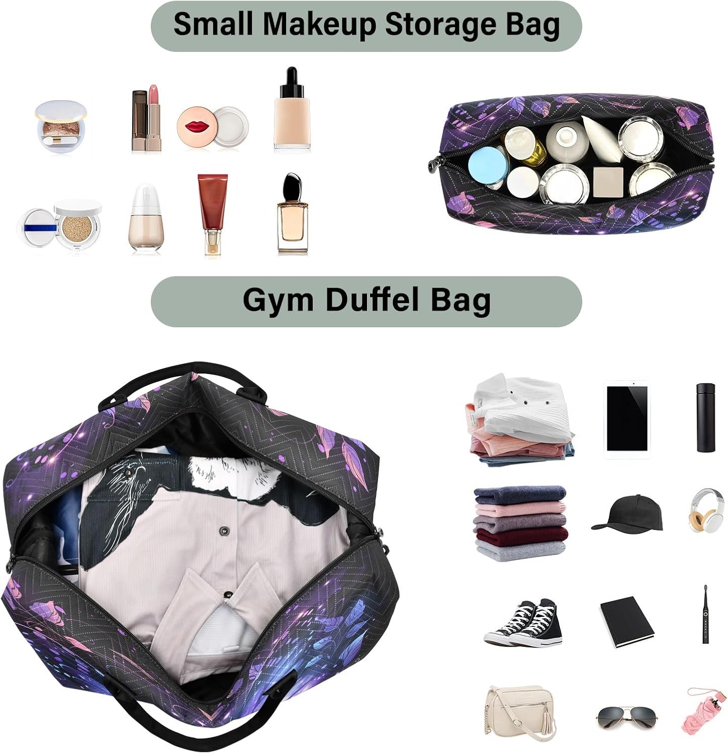 Travel Duffle Bag, Purple Butterfly Gym Bag with Storage Bag Weekender Overnight Bag for Men Women Trip Sports Yoga