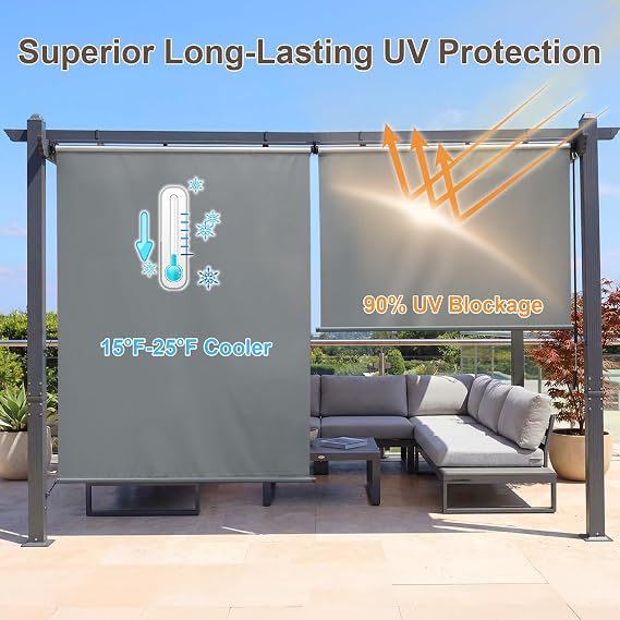 BPS 4.8x6 FT Aluminum Pergola Roller Shade - Cordless Gazebo Curtain, 2-Pack for Outdoor Pergola or Gazebo, Gray