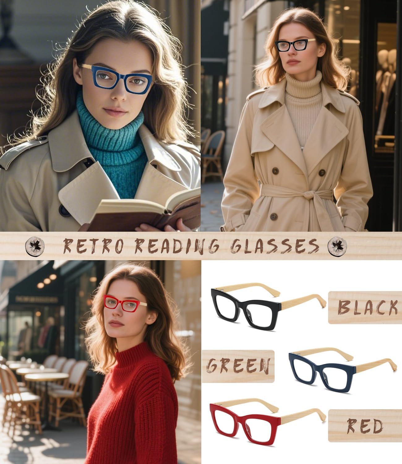 Hubeye Oprah Style Reading Glasses for Women Men Blue Light Blocking Computer Square Readers with Spring Hinge Black+blue+red 1.5 Diopters