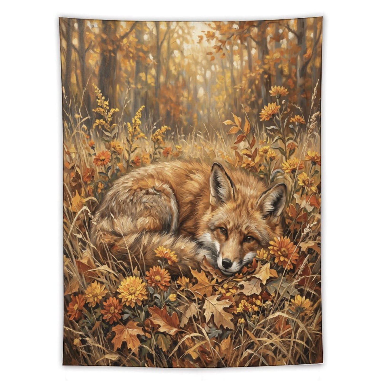 H3B8U2Y5 Autumn Fox Forest Wall Tapestry, Realistic Illustration Style, Bed