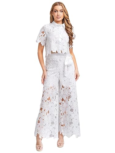 Womens Chiffon Lace 2 Piece Sets Floral Hollow Out Button