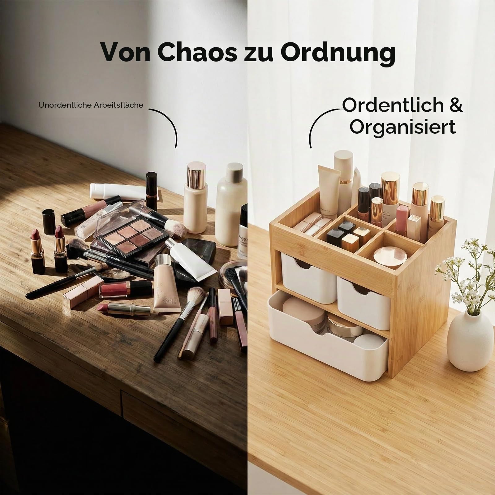 Bambus-Make-up-Organizer mit 3 Schubladen, Kommode, Kosmetik-Organizer, Bambus-Schreibtisch-Organizer für Zuhause mit verstellbaren Trennwänden