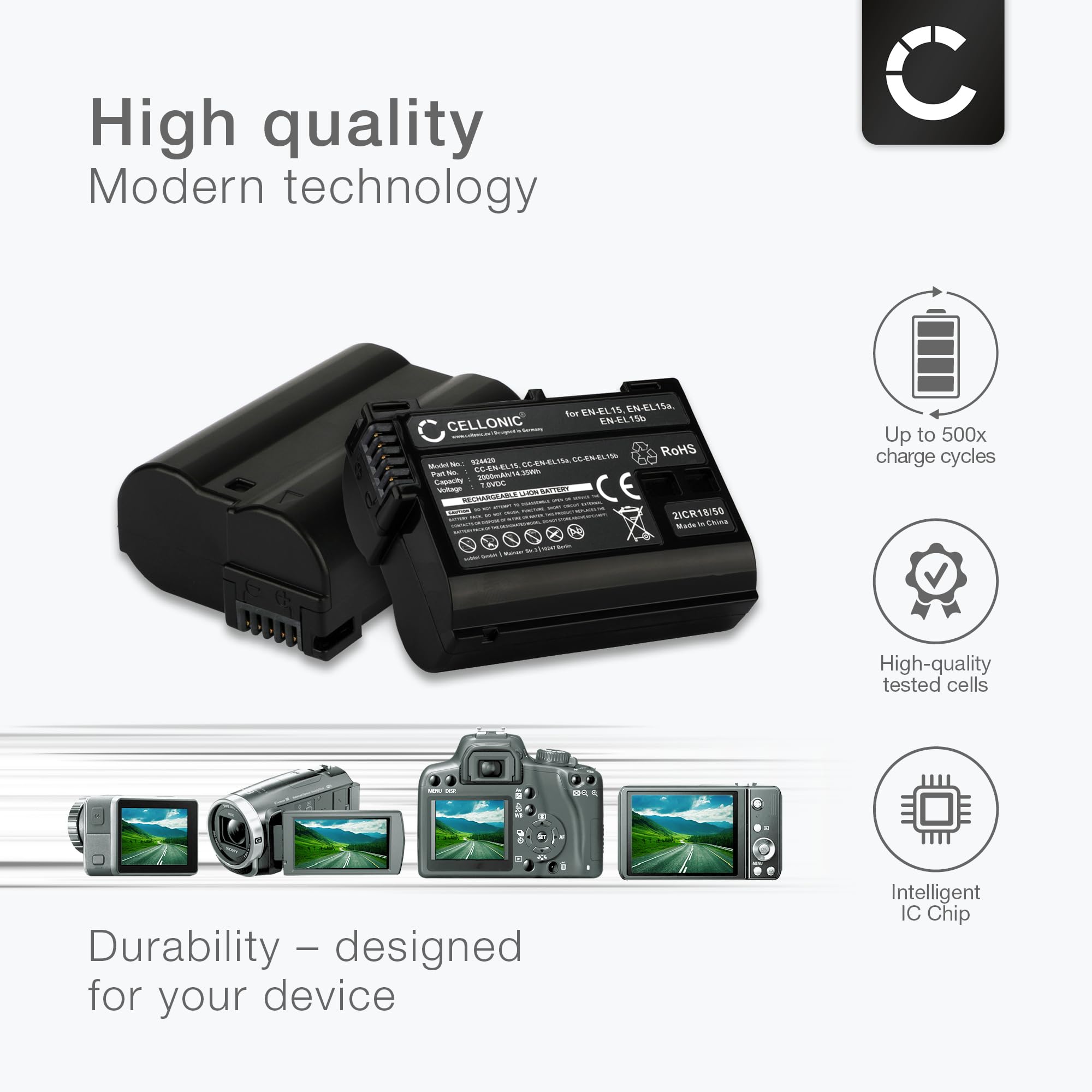 CELLONIC® zestaw 2 baterii 2000mAh i podwójna ładowarka kompatybilna z Nikon D750 D7000 D7100 D7200 D7500 D800 D810 D850 D610 D500 Z 6 Z 7 Bateria zamienna do aparatu z kablem ładującym