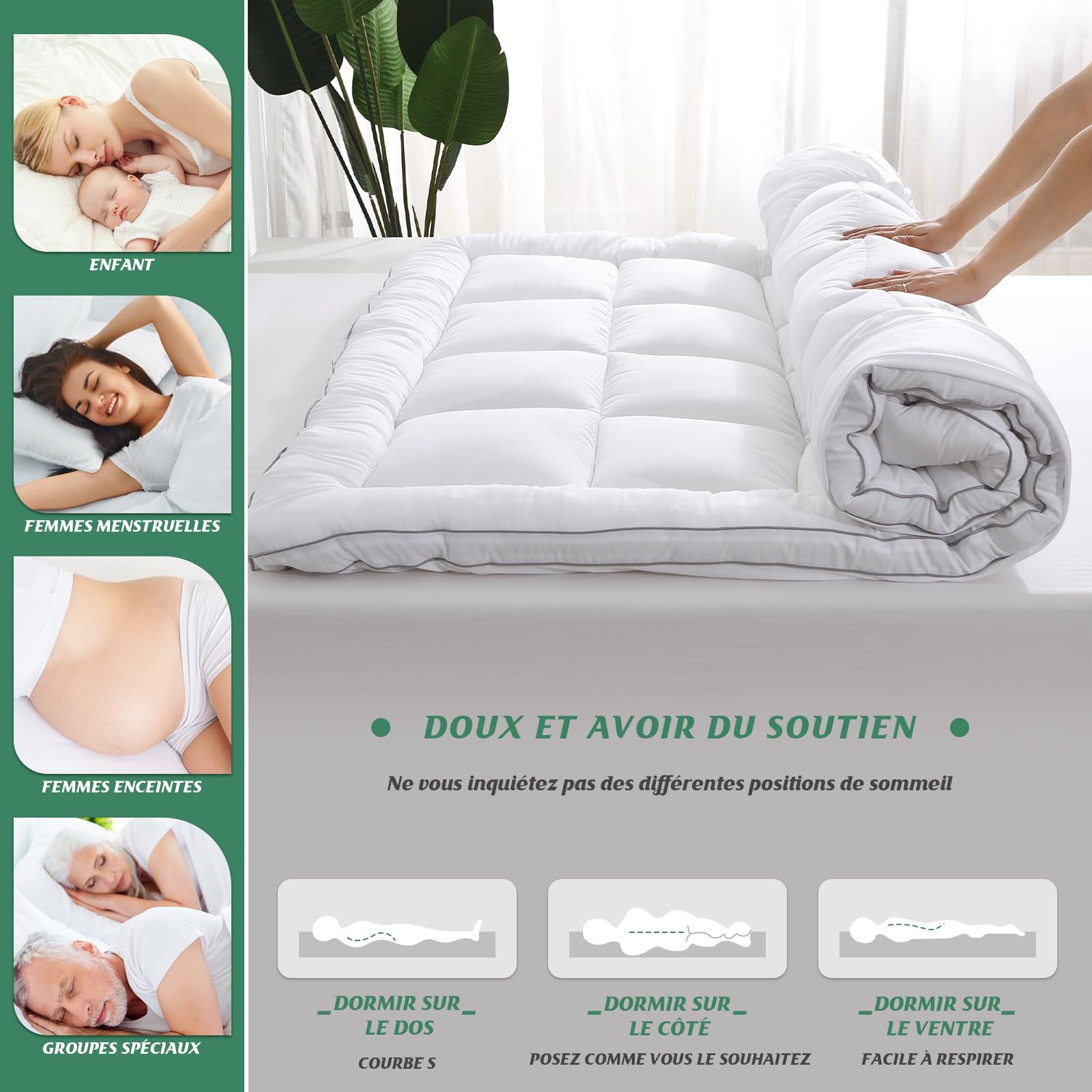 GRT Surmatelas 140x190 cm - Épaisseur Généreuse de 6 cm pour Un Sommeil Confortable, en Fibres de Bambou et Garnissage 3D - Ultra-Doux et Respirant