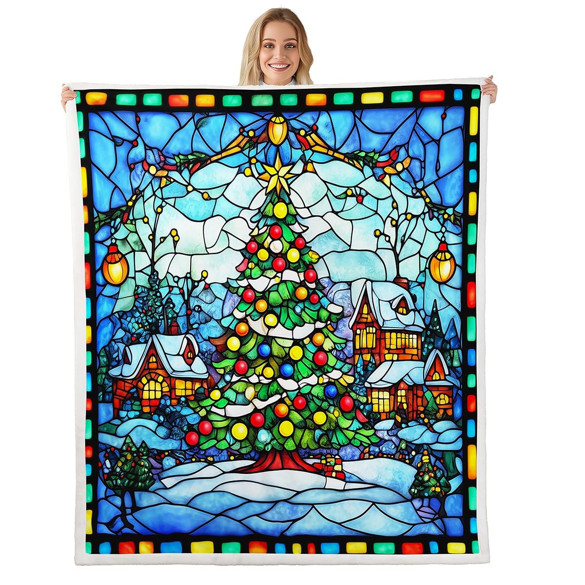 Merry Christmas Pine Throw Blanket - Snowflake Pattern, Blue Fuzzy Blanket, Cabin Style (50 x 60 Inches)
