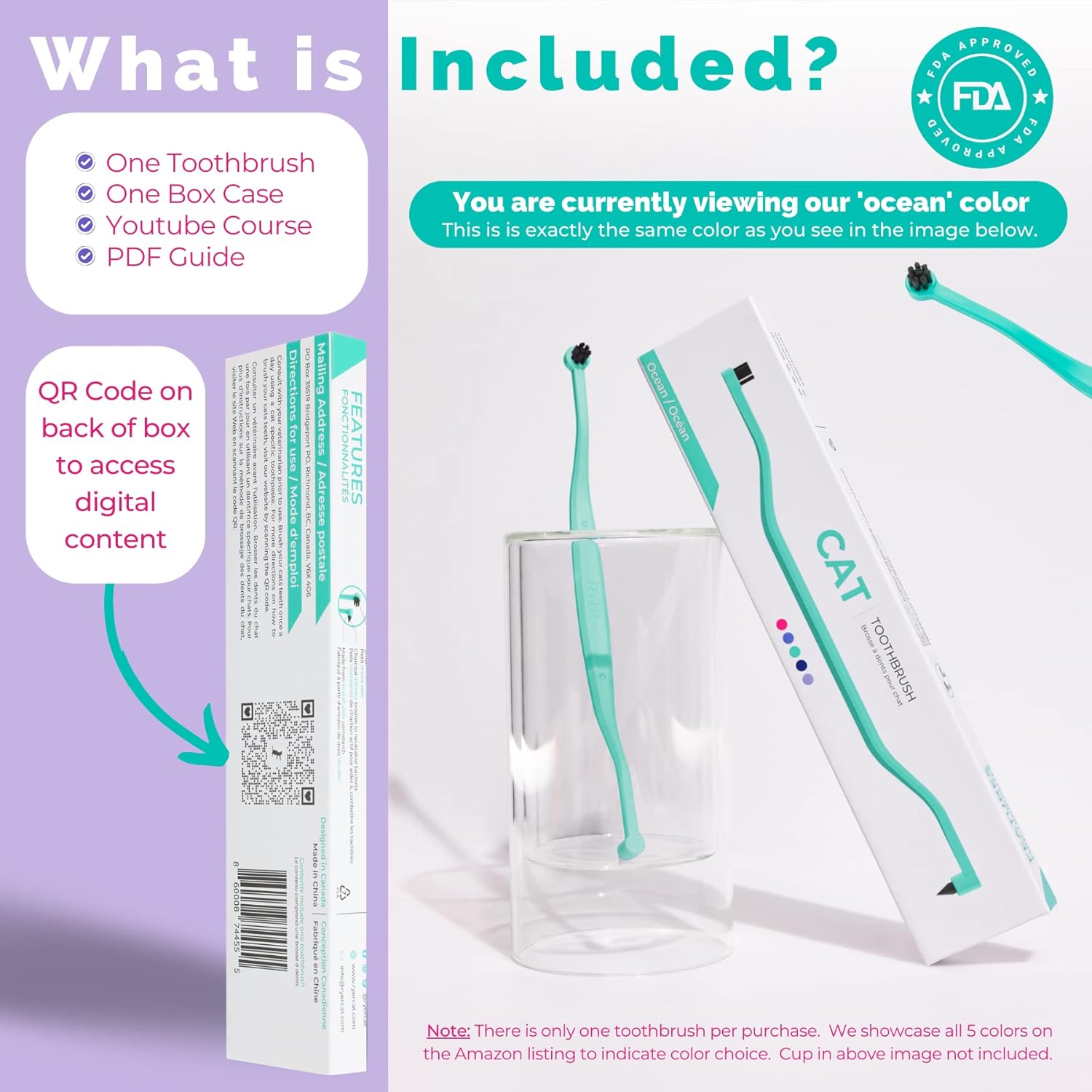 RYERCAT Ocean Dual Sided Cat Toothbrush - Only 8mm Wide to fit into Cat's Mouth - Cat Dental Supplies