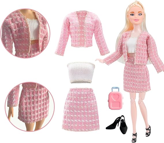 Doll Clothes Compatible with Barbie Clothes, Including 6 Fashion Clothes Set, 1 Pair of Earrings, 1 Necklaces, 1 Suitcases, 1 Glasses, 6 Pairs of Shoes for 11.5 inch Dolls on Christmas Holiday