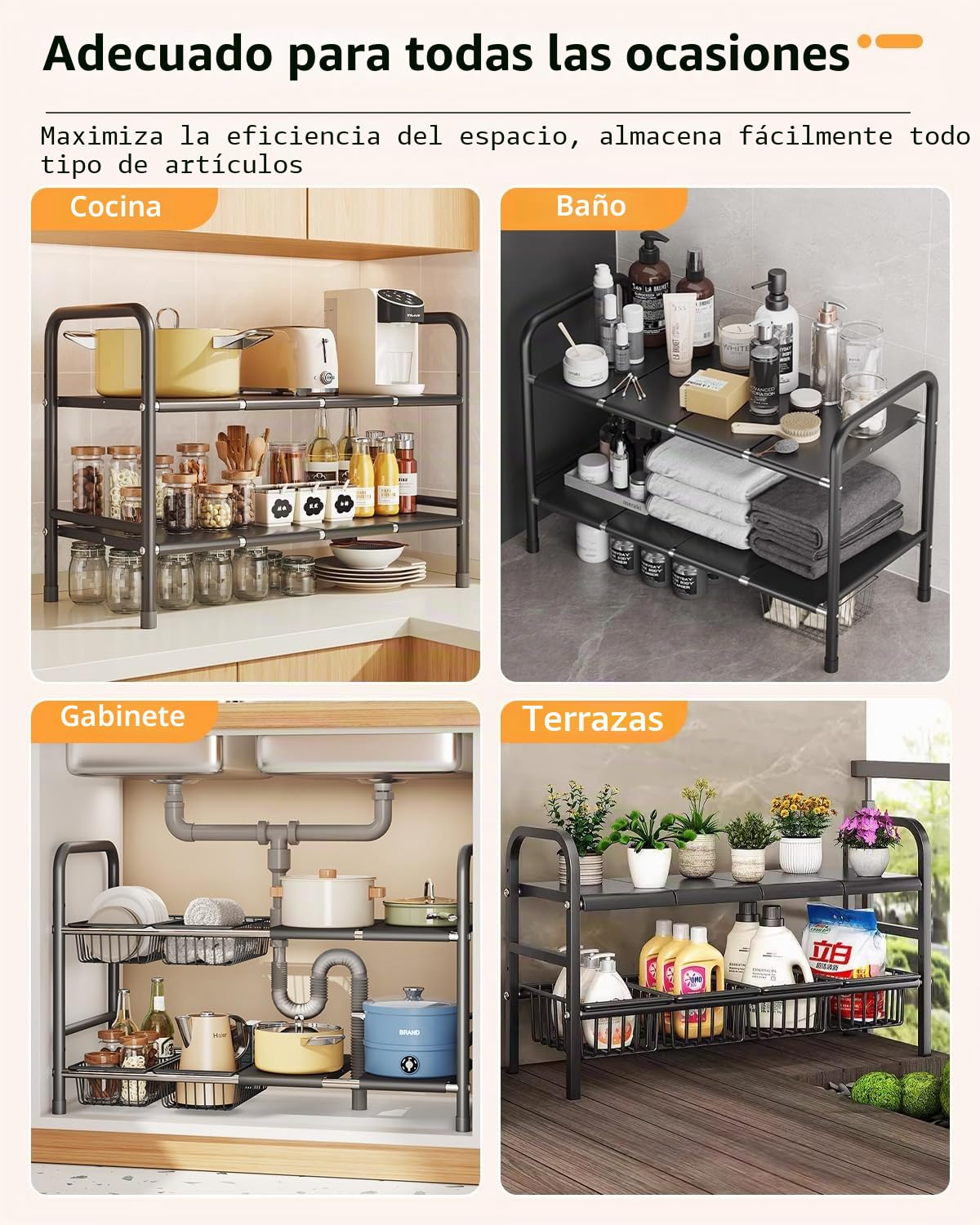 Estanterías Almacenaje para Cocina – Dimensiones Ajustables de 49 x 25 x (52,5~88) cm, Estante Extensible bajo Fregadero en Acero Inoxidable, Organizador Armario (8 Paneles)