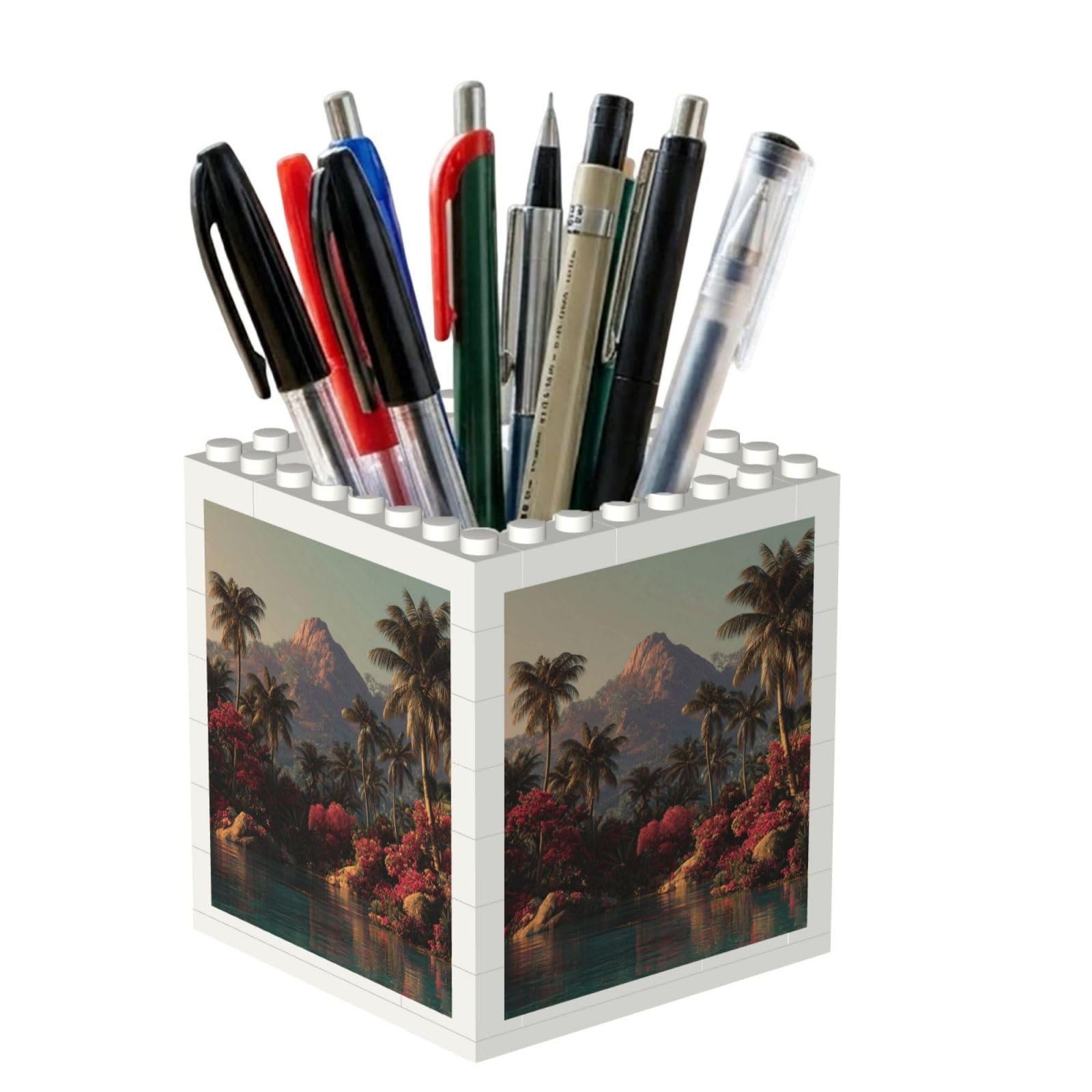 ESNAIUVCD Tropical Scenery Print Building Block Pen Holder - Pencil Holder For Desk/Classroom,Desk Accessories, Multifunctional Office Supplies Pen Organizer Pencil Cups(2pcs)