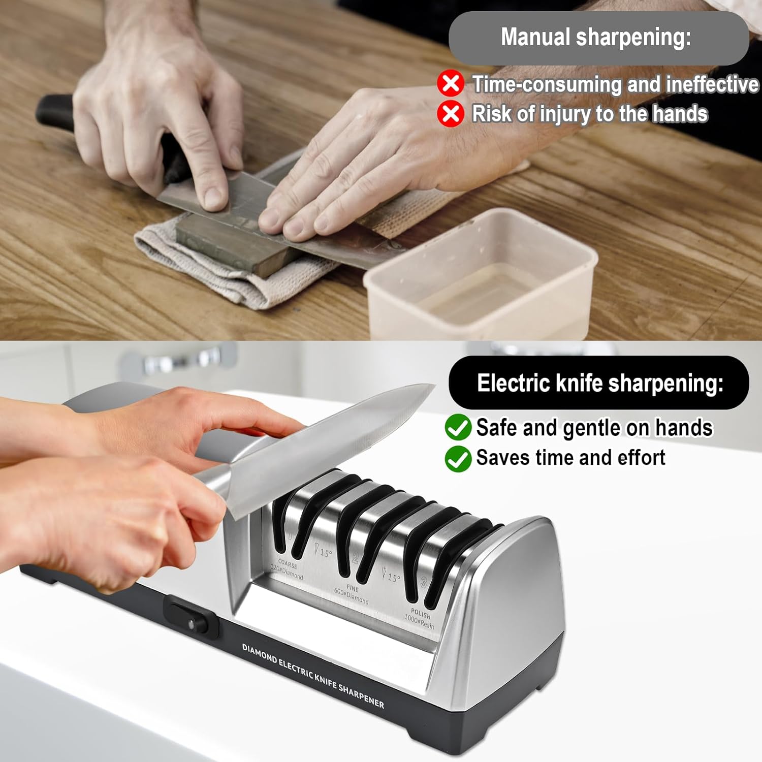 Electric Knife Sharpener 3 Stage, With 100% Diamond Abrasives and 15° Precision Angle Guides, Knife Sharpener Electric for all Kitchen Knives, Super Quiet Sharpenning and Polishing, Silver