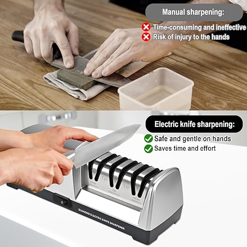 Miniatura 5 de Afilador de cuchillos eléctrico de 3 etapas, con abrasivos 100% de diamante y guías de ángulo de precisión de 15, afilador de cuchillos eléctrico