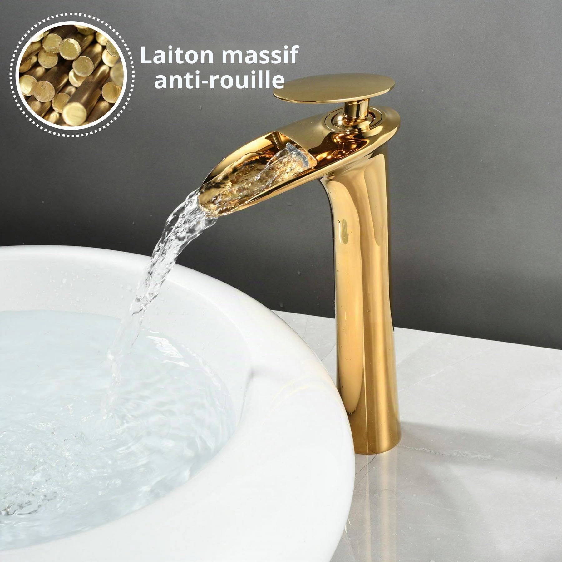 Mitigeur de Lavabo Cascade Doré: Robinet Salle de Bain Haute - Robinet pour Vasque - Robinettrie Or en Laiton SHUNLI
