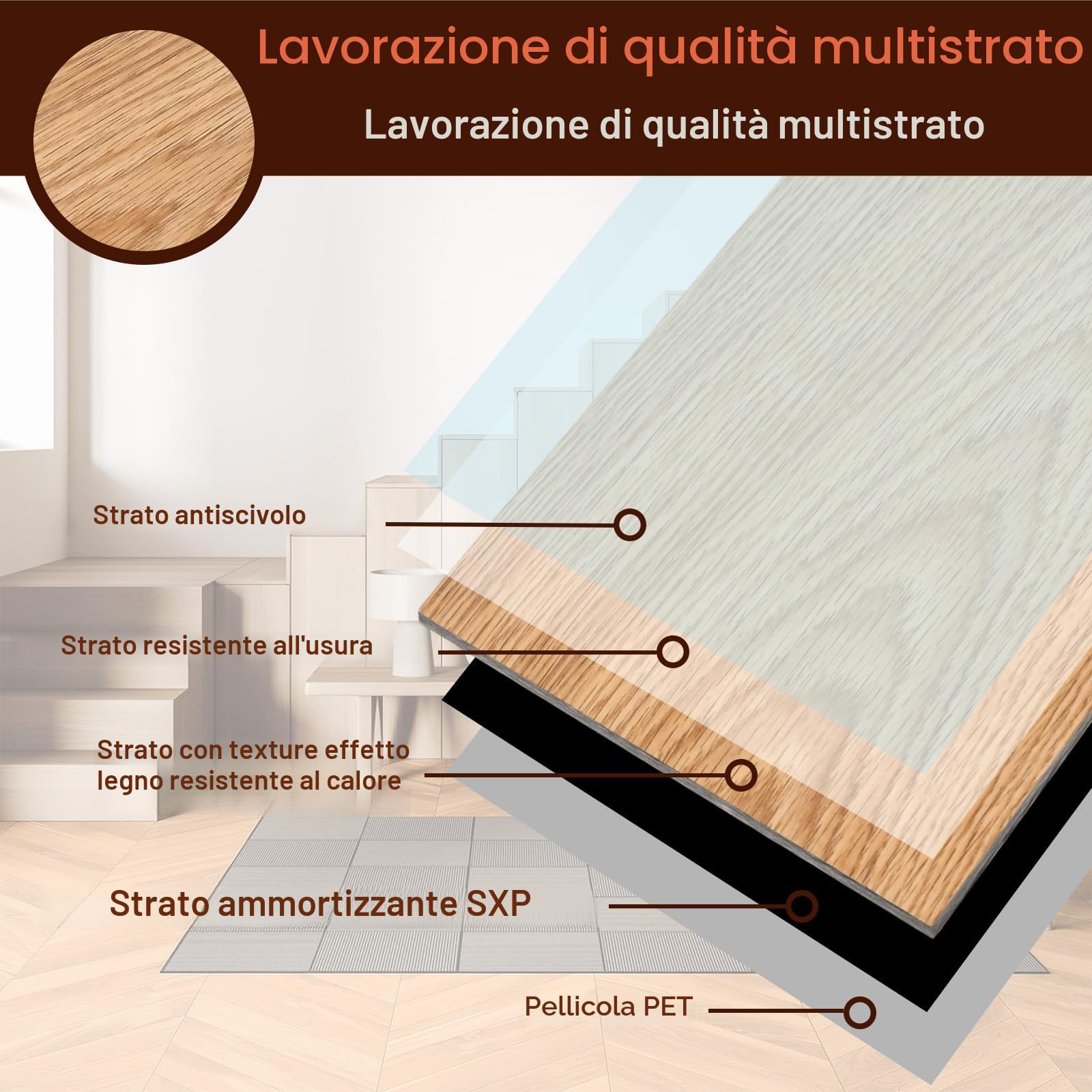 Pavimentazione autoadesiva in PVC con effetto legno, 18 pezzi, 2,51 m², antiscivolo, impermeabile, ignifuga, rovere classico