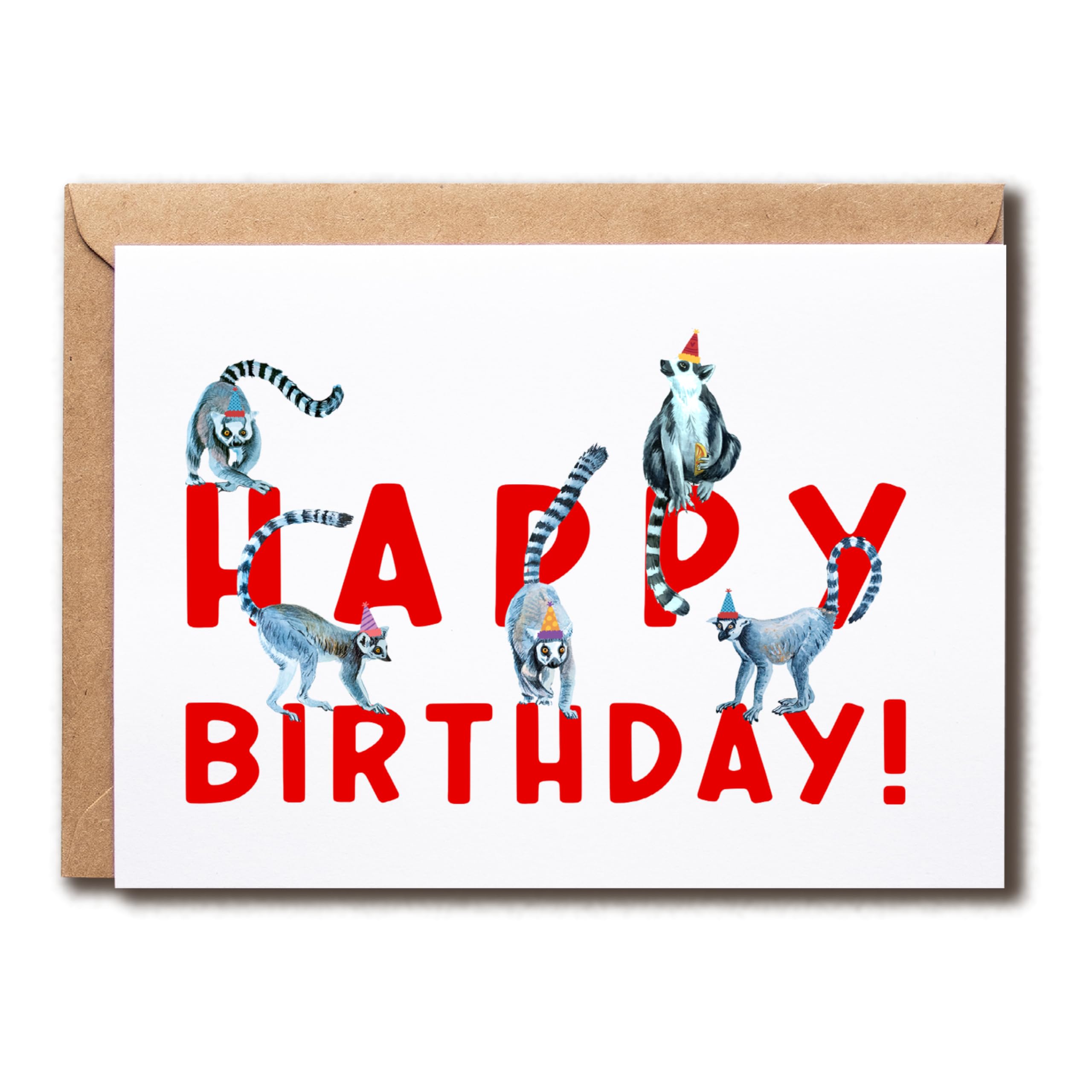 Lemur Happy Birthday Humorous Card - Wildly Happy Birthday - Birthday Hat Card - Gift For Kids Friends, White