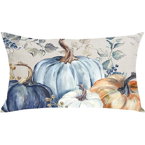 WENIANRU Ink Painting Watercolor Blue Yellow Pumpkins Fall Home Sofa Chair Bed Decoration Lumbar Pillowcase Cotton Linen Decorative Throw Pillow Cover Case Rectangular 12 x 20 Inches