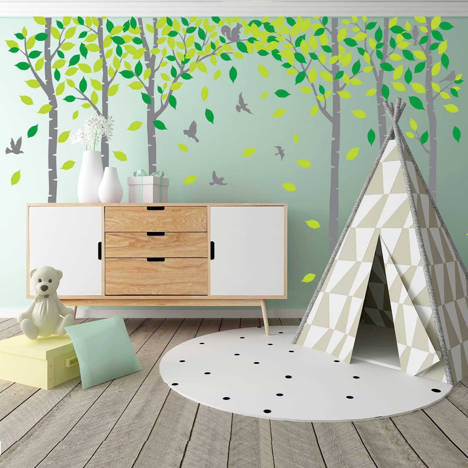 Sei adesivi da parete con albero di betulla, con uccelli, scoiattolo, foresta, albero, adesivo da parete, decorazione per camera dei bambini, camera da letto, soggiorno, aula (grigio, verde)