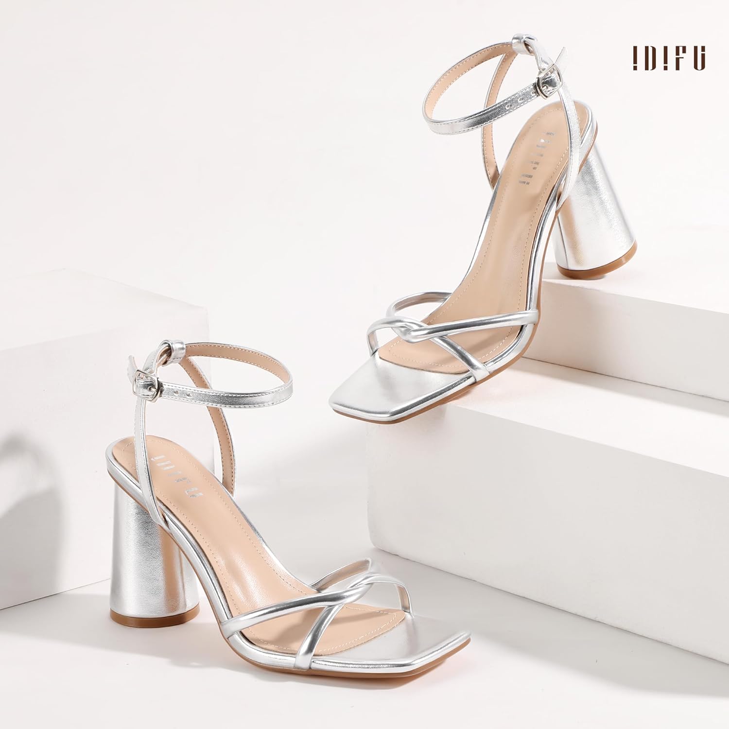 IDIFU IN3 Chunky Strappy Heels for Women High Block Open Square Toe Heel Dressy Ankle Strap Heeled Sandals Dress Shoes for Women Wedding Bridal Office Prom Shoe Thick Heels